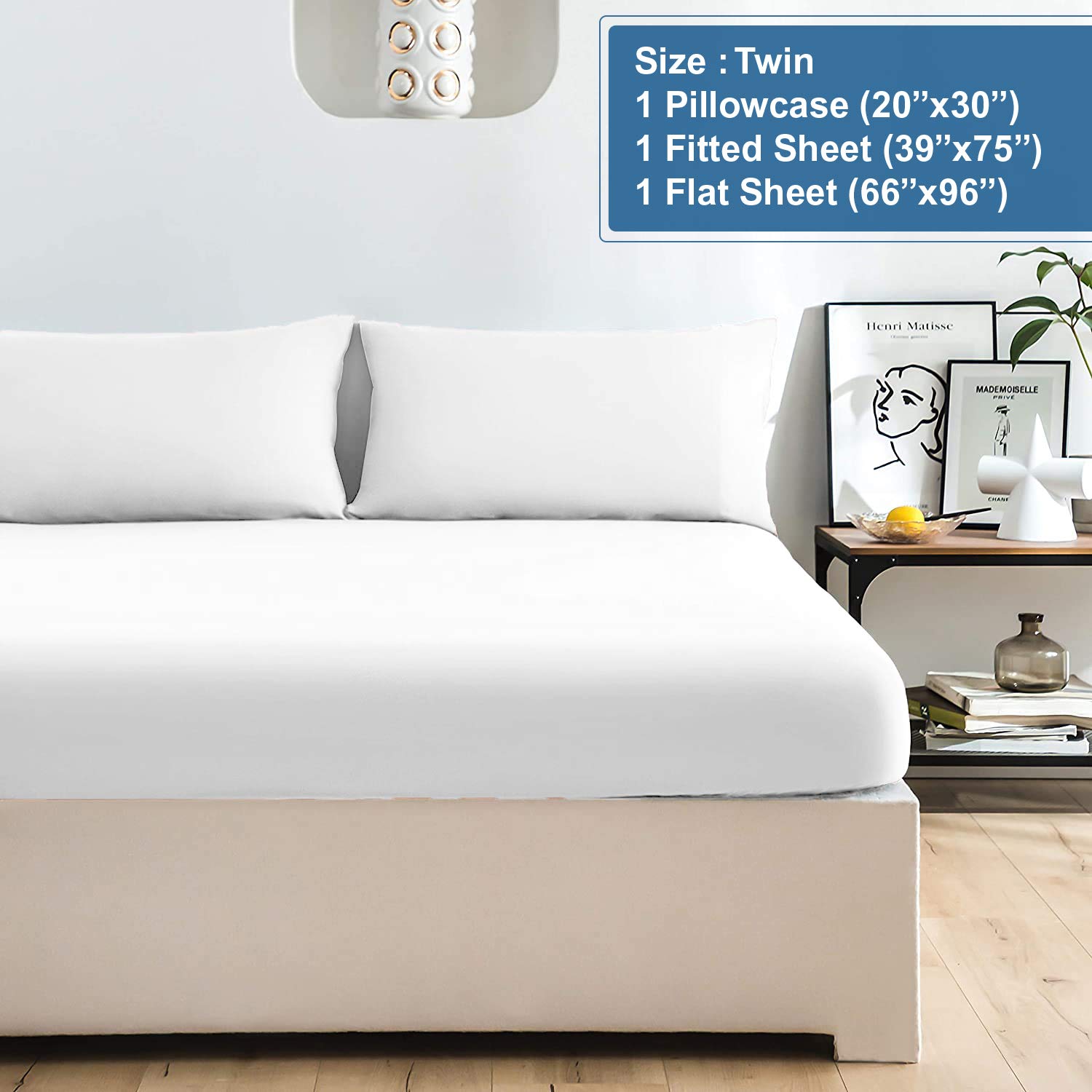 Luxury 100% Cotton Twin Jersey Sheet Set - Ultra Soft T-Shirt Material All Season Bedding - Deep Pocket Fitted Sheet for Comfortable Sleep (3Pc, Twin, White) - Perfect for Guest Rooms, Dorms & Cozy Bedrooms