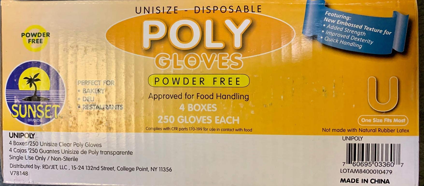 Powder Free Disposable Poly Gloves - Latex Free, Unisize, 1000 Count (4 Boxes of 250) - Ideal for Food Handling, Cleaning, Medical Use & Salon Services