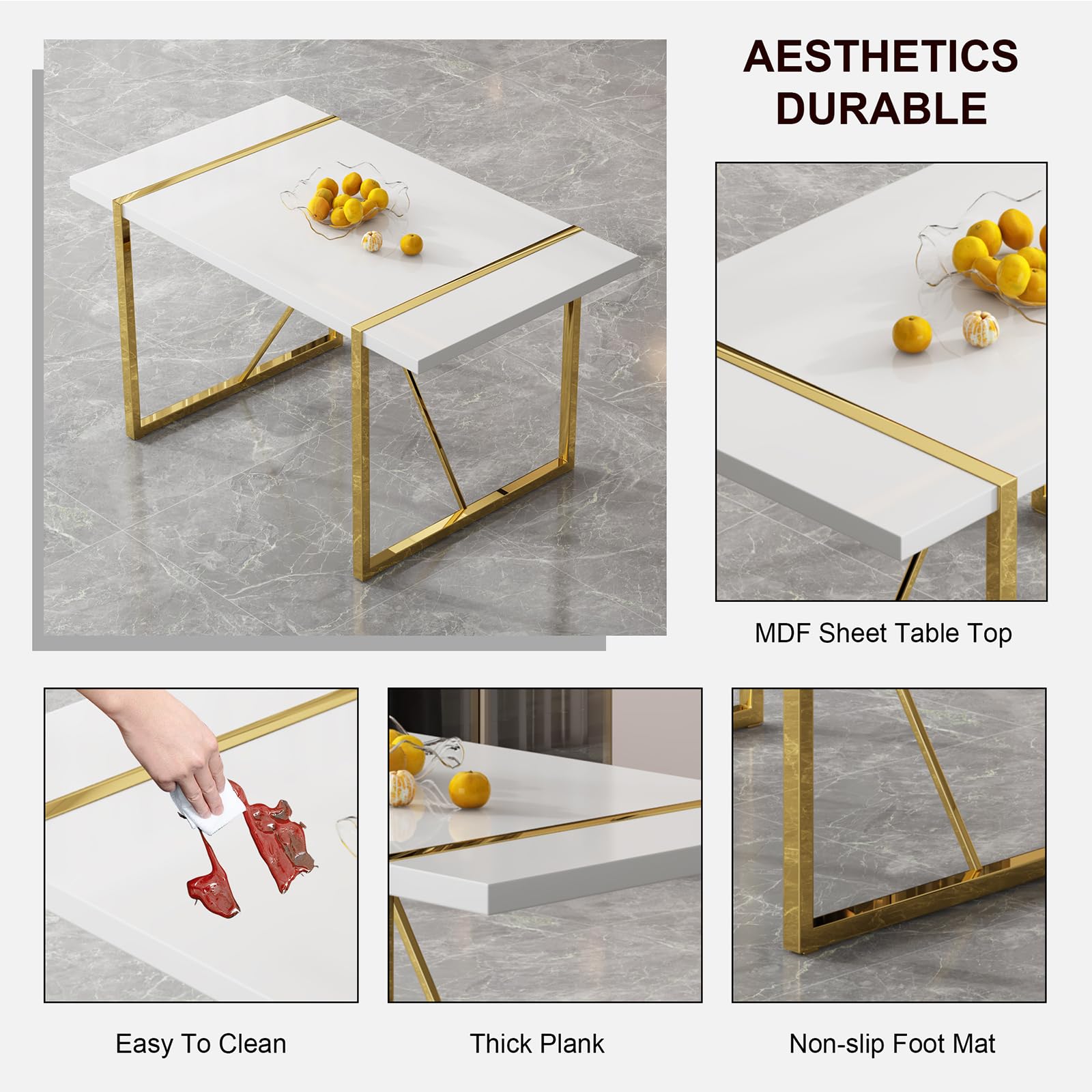 Modern 5-Piece White Dining Table Set for 4 - Rectangular MDF Table & Faux Leather Chairs with Metal Frame | Perfect for Small Spaces, Apartments, and Contemporary Dining Rooms