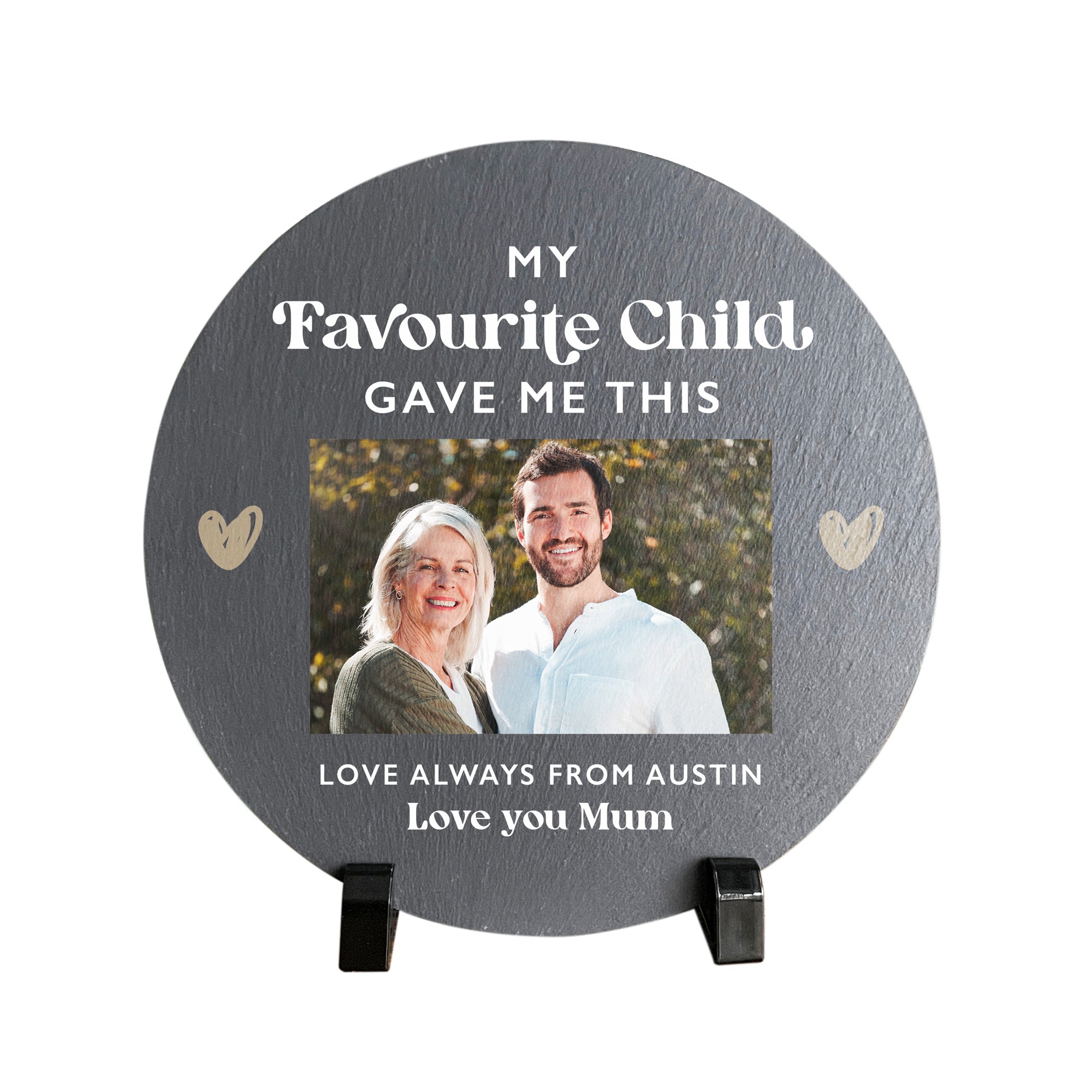 Personalized Circular Photo Slate with Stand - 20cm Custom Engraved Gift for Parents | Perfect for Mother's Day, Father's Day & Family Keepsakes