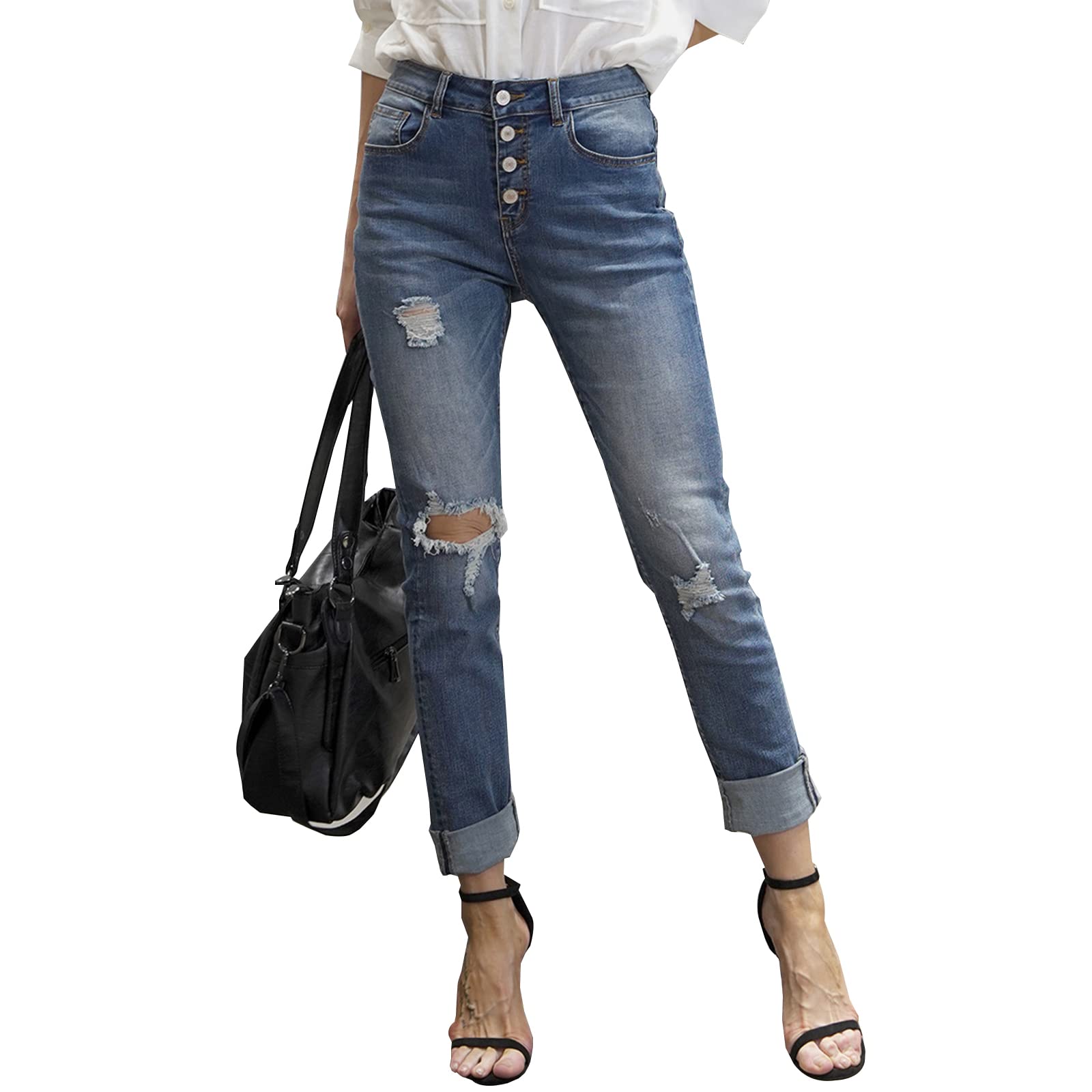 LONGYIDA Women's Ripped Stretchy High Waist Skinny Jeans with Button Fly | Trendy Distressed Denim Pants for Casual Outfits & Streetwear Fashion