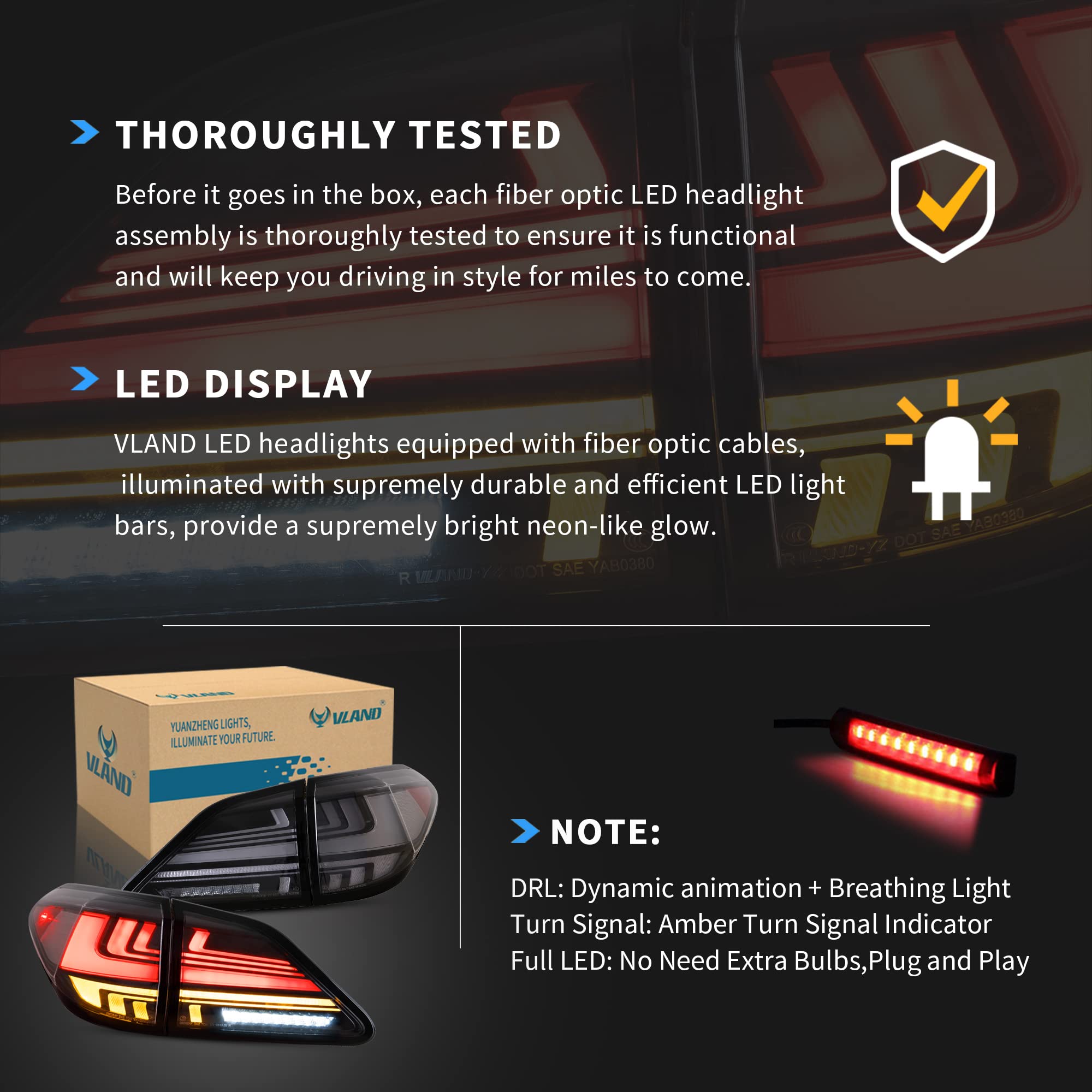 VLAND LED Tail Lights Compatible with Lexus RX 2010-2015 - Switchback Turn Signals, Dynamic Animation & Breathing Effects - Smoke Lens (Pair) - Upgrade Your Car's Style & Safety for Night Driving