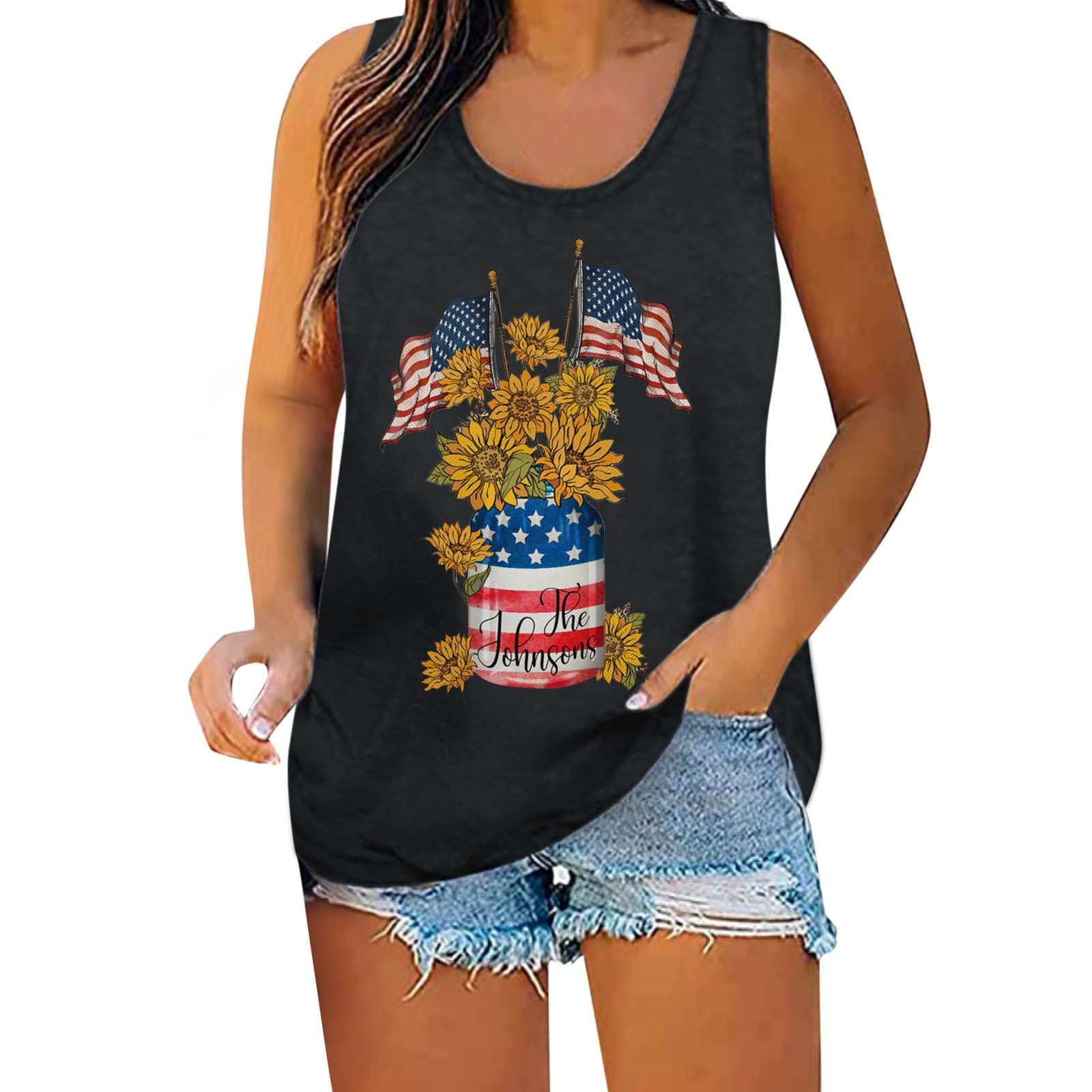 Women's Independence Day Print Tank Top - Summer Casual Sleeveless Muscle Tee Shirt - Blue Vest Top for Women - Perfect for 4th of July Celebrations, Beach Outings & Summer Festivals
