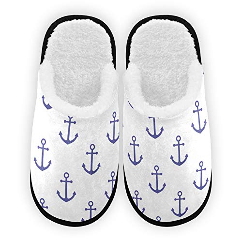 Women's Nautical Anchor Plush Slip-On Slippers - Warm Winter Indoor/Outdoor House Shoes for Cozy Home, Lounge & Deck Wear