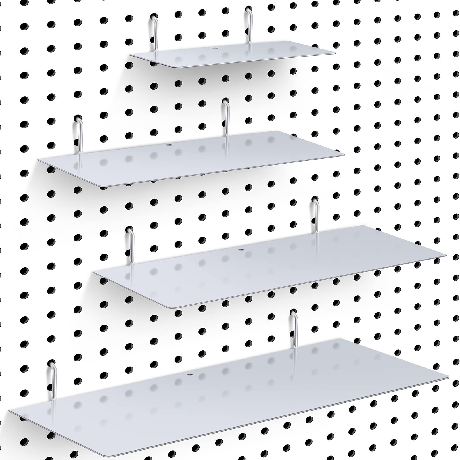 4 Pack Steel Pegboard Shelves & Brackets - Heavy Duty Wall Organizer for Craft Room, Garage, Kitchen, Nursery & Workbench - Mixed Sizes Silver Pegboard Accessories & Storage Trays