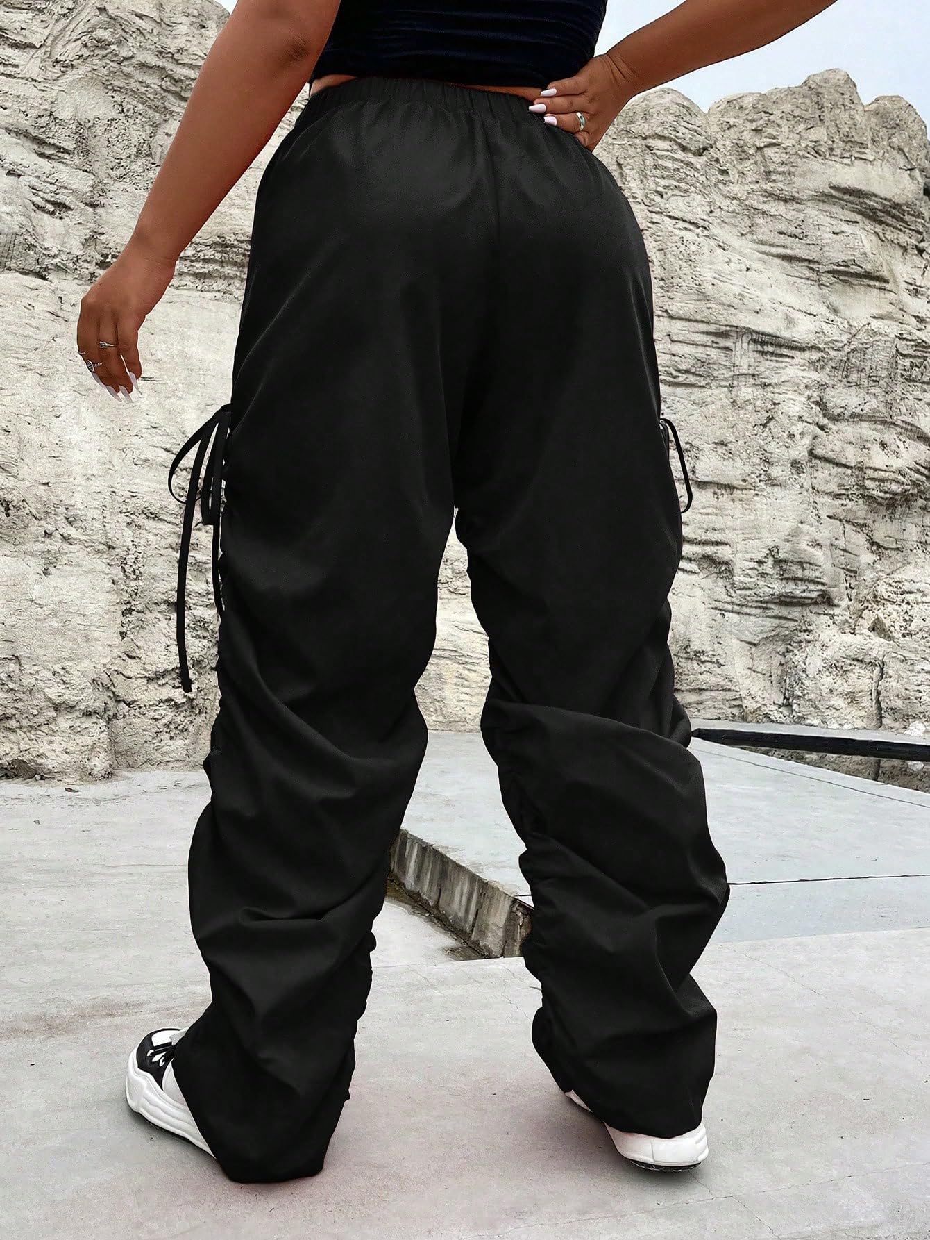 GORGLITTER Plus Size Women's High Waist Cargo Pants - Ruched Baggy Parachute Pants with Drawstring for Casual Wear & Street Fashion