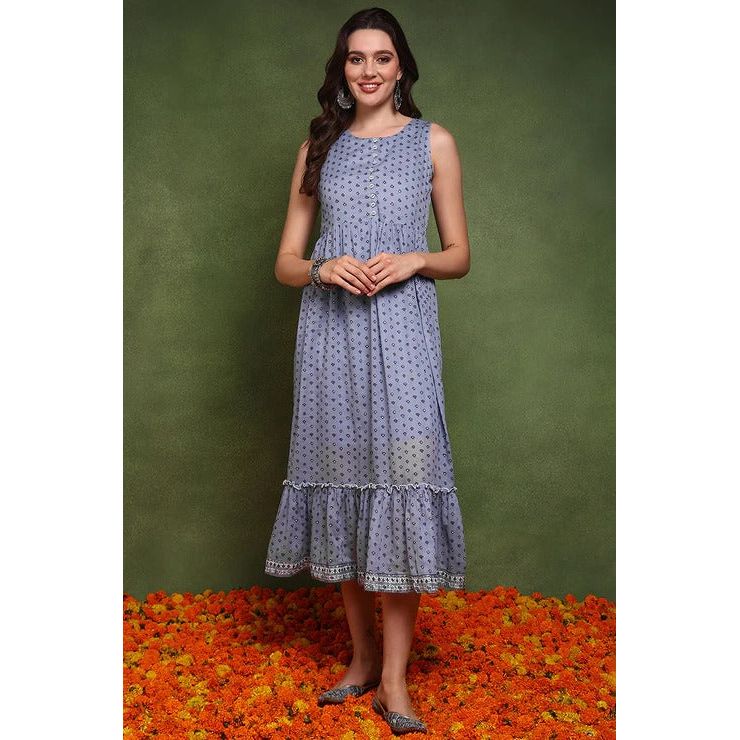 Stylish Blue Cotton Ethnic Dress for Women | Boho Chic Summer Maxi Dress | Perfect for Beach, Vacation & Casual Outings