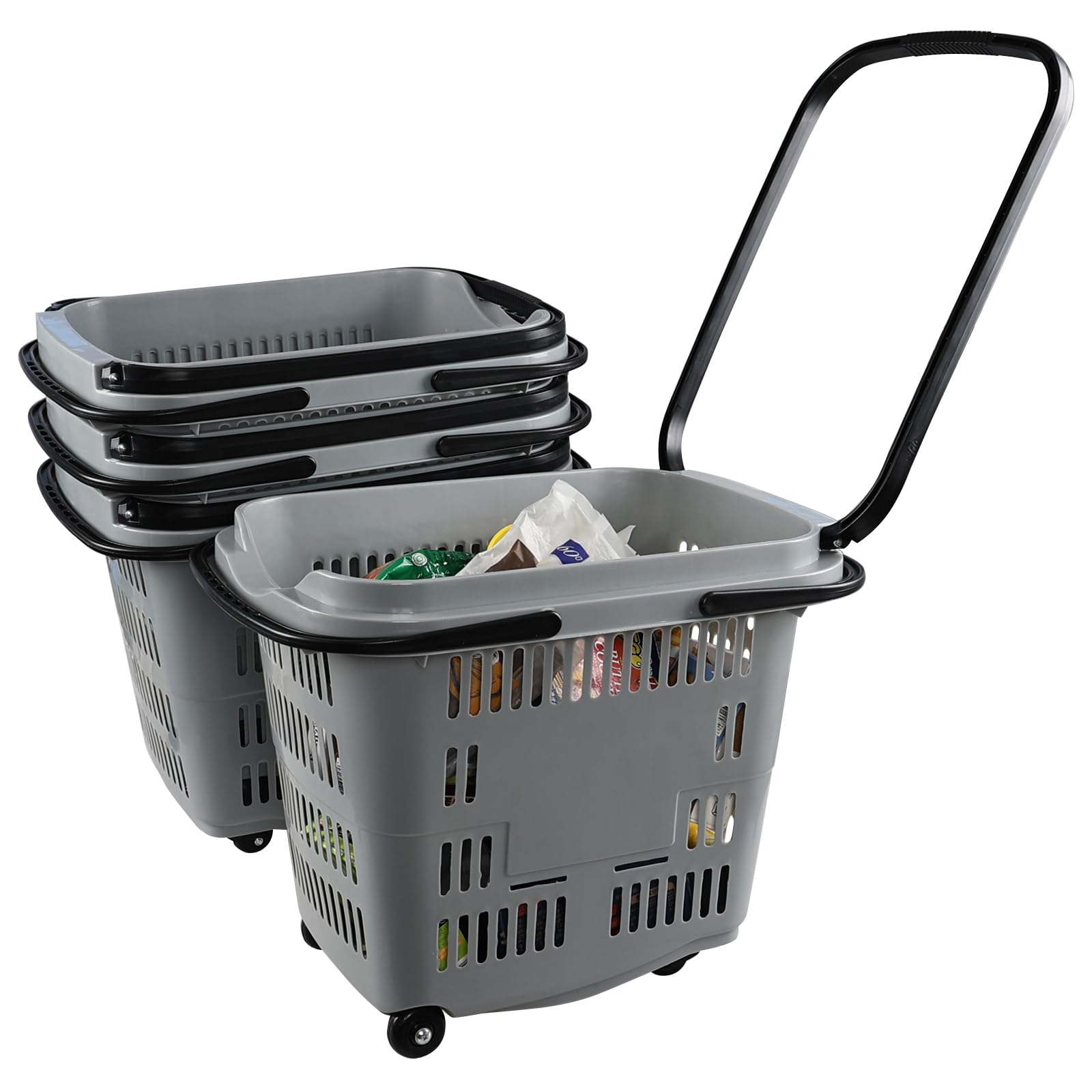 4 Pack 50L Rolling Shopping Basket with Wheels & Handles - Durable Plastic Grocery Cart for Supermarket, Warehouse, Retail Store - Grey (Ideal for Shopping, Storage & Home Organization)