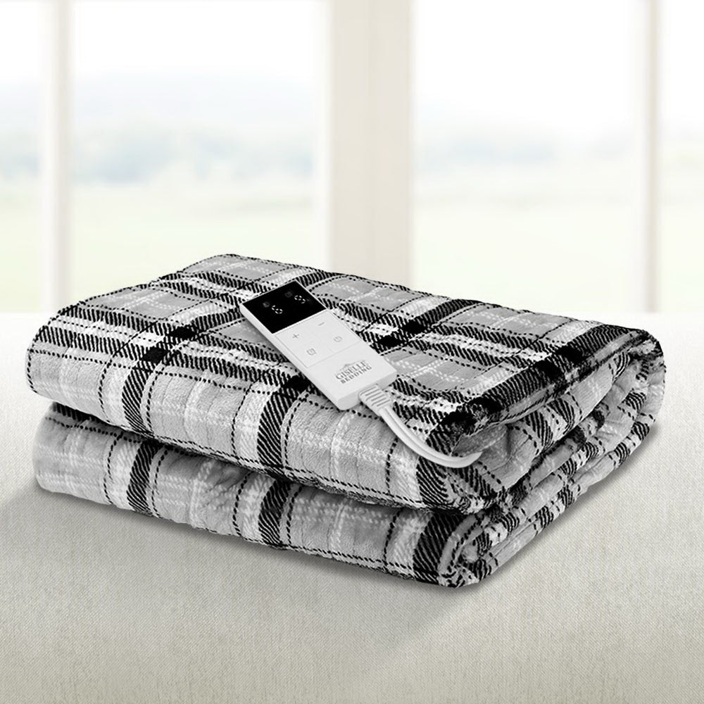 Electric Heated Throw Blanket - Soft Flannel Snuggle Rug, Machine Washable, Grey & White Checkered Plaid - Perfect for Cozy Nights, Living Room Lounging & Winter Warmth