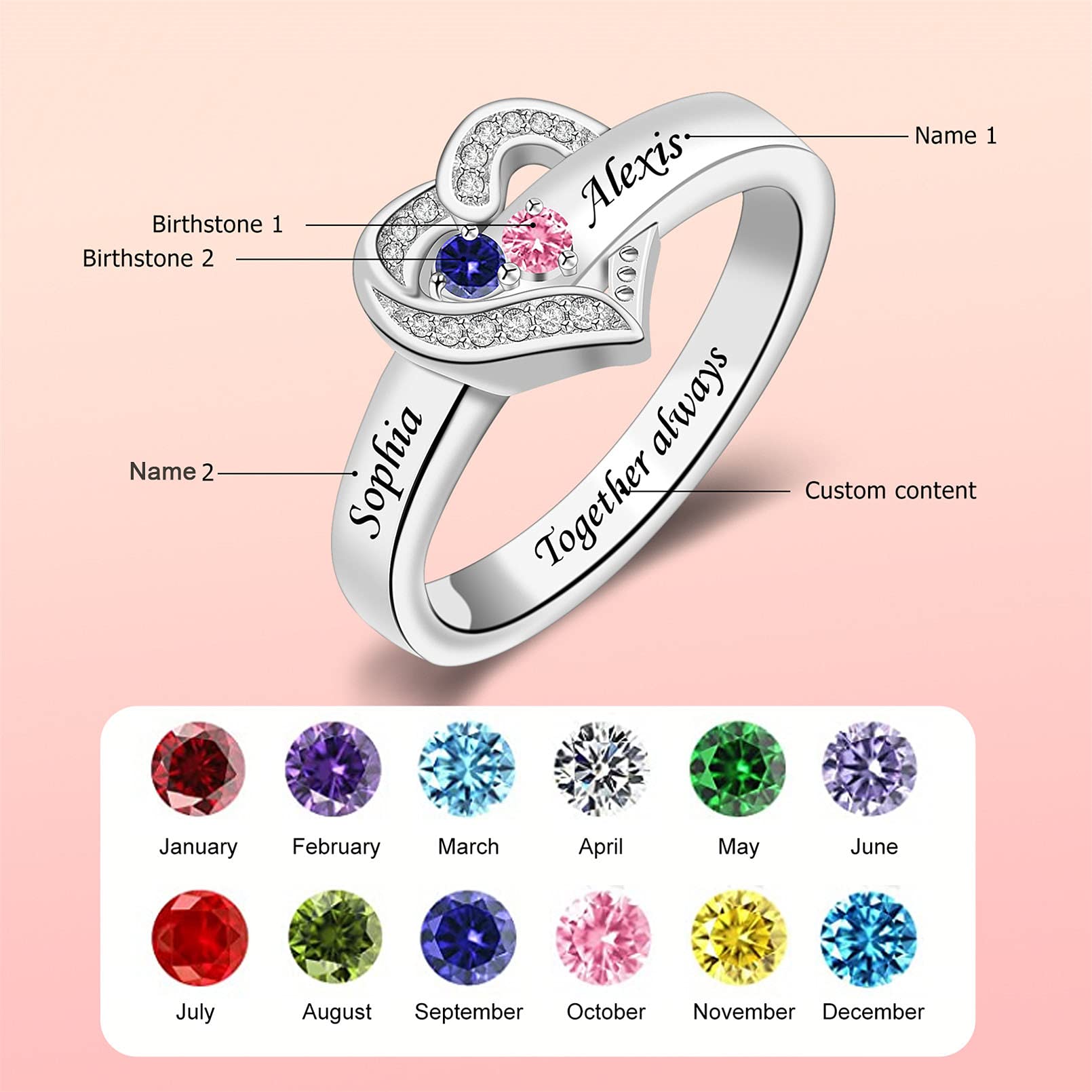 MissNaNa Personalized Mother's Rings with Simulated Birthstones - Custom Engraved 1-8 Family Names - Heart Shaped Mother's Day Jewelry Gifts for Women - Perfect for Anniversaries, Birthdays & Special Occasions