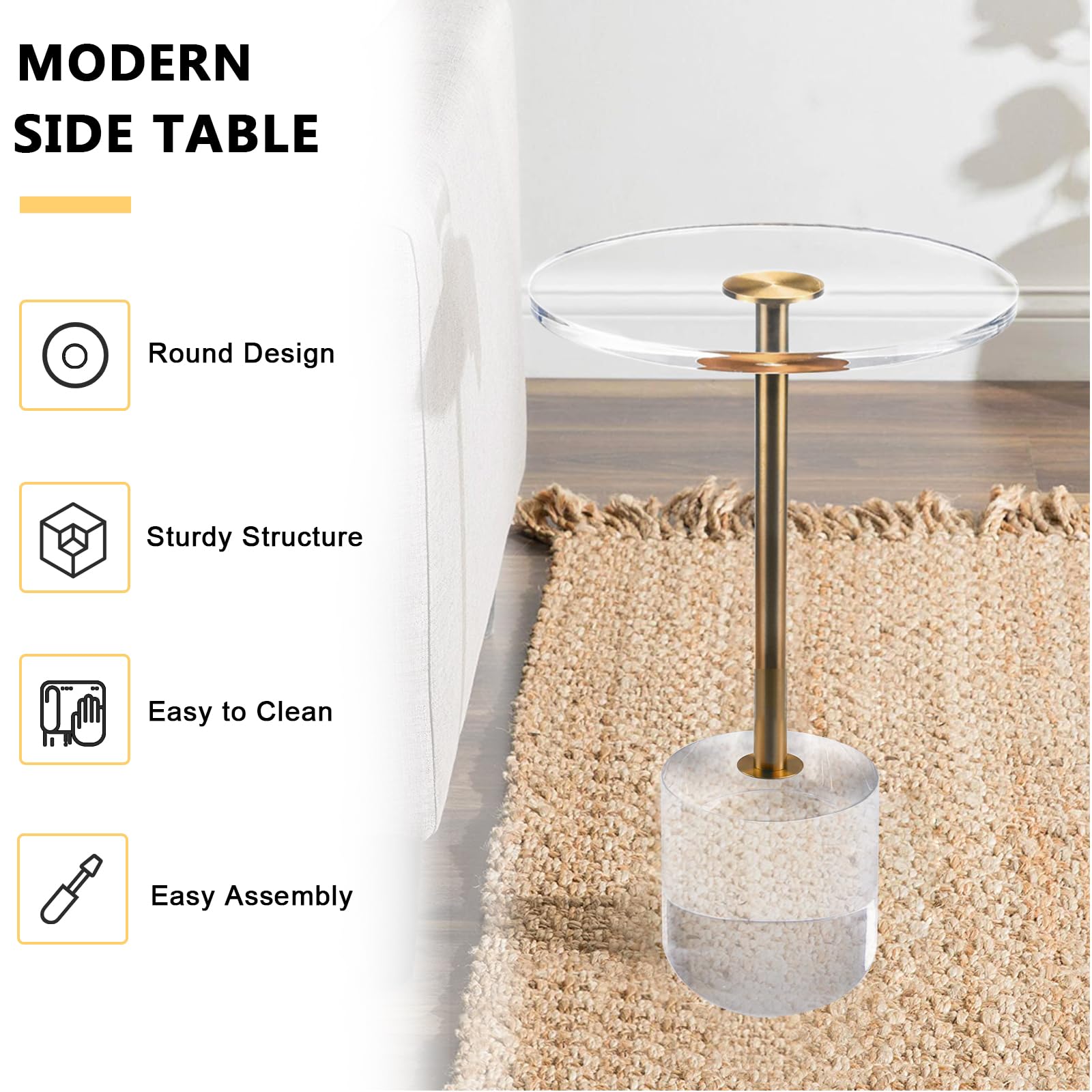 Modern Clear Acrylic Side Table with Gold Base - 13.8