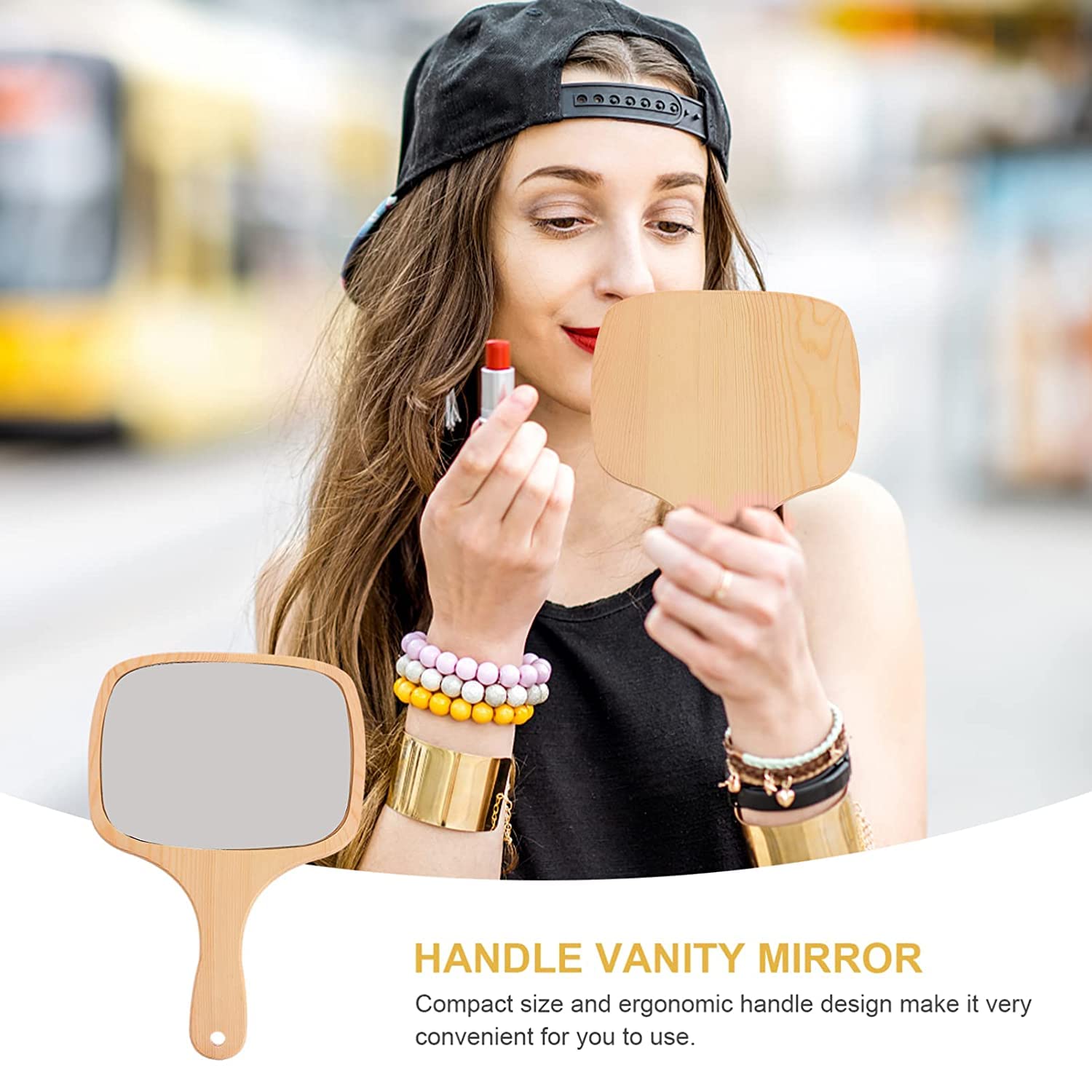Wooden Handle Mirror for Shaving & Makeup - Portable Travel & Bathroom Use