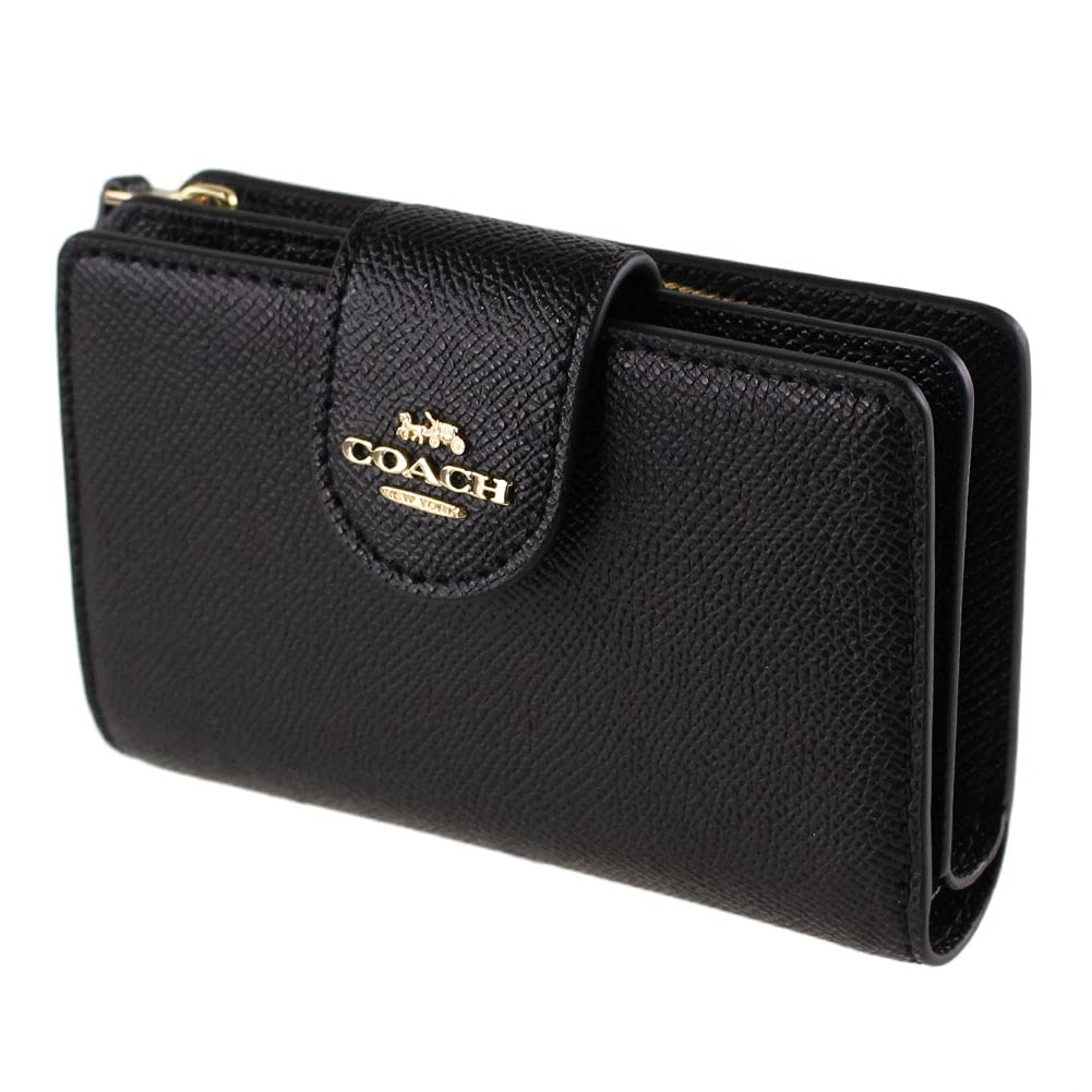 COACH Women's Medium Leather Corner Zip Wallet - Black & Gold Crossbody Wristlet for Everyday Use, Travel & Gift Giving