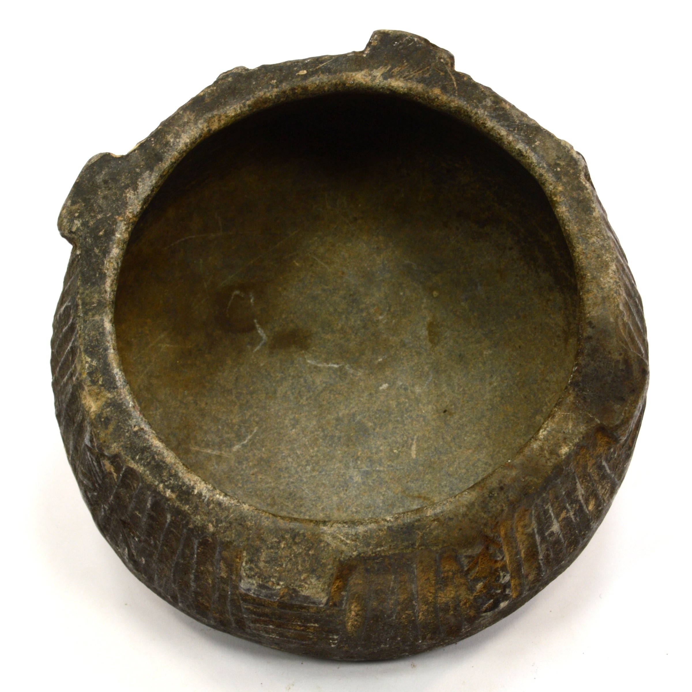 Ancient Pre-Columbian Steatite Bowl - Hand-Carved Black Soapstone with Nubs & Ribbed Design - Authentic Artifact for Home Decor, Meditation & Collectors