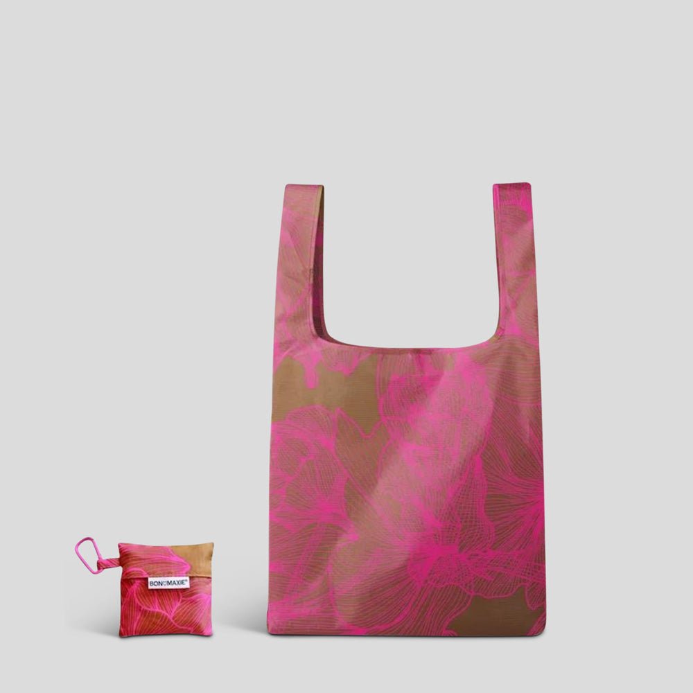 Eco-Friendly Reusable Shopping Bags - 2 Pack with Neon Pink & Tan Floral Designs - Perfect for Groceries, Beach Trips & Farmers Markets