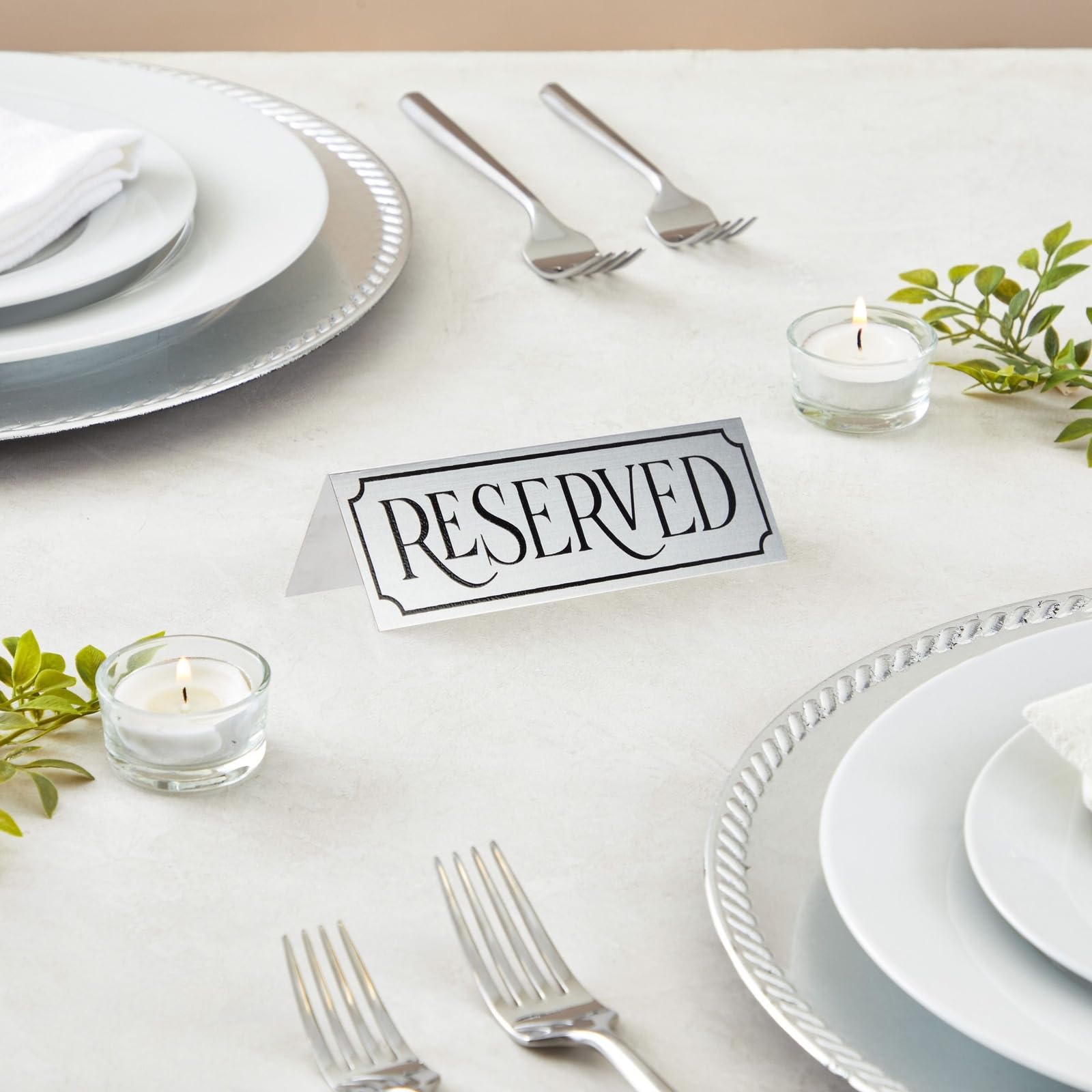12-Pack Small Metal Reserved Table Signs for Wedding, Restaurant, Seating Reservation, Party Tables - Etched Silver Design (4.7x1.5 in) - Perfect for Events, Banquets, and Special Occasions