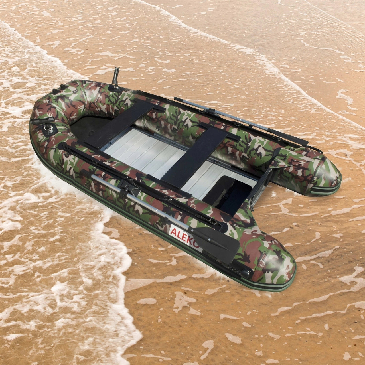 Aleko PRO 10.5 ft Inflatable Fishing Boat with Aluminum Floor & Front Rod Holders - Camouflage Design for Lake, River & Saltwater Angling