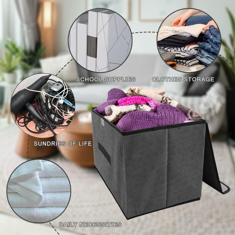 Foldable Storage Box with Dustproof Lid & Handle - Collapsible Storage Organizer for Closet, Bedroom, Home Organization - Space Saving Grey Storage Bin for Clothes, Toys & Household Items