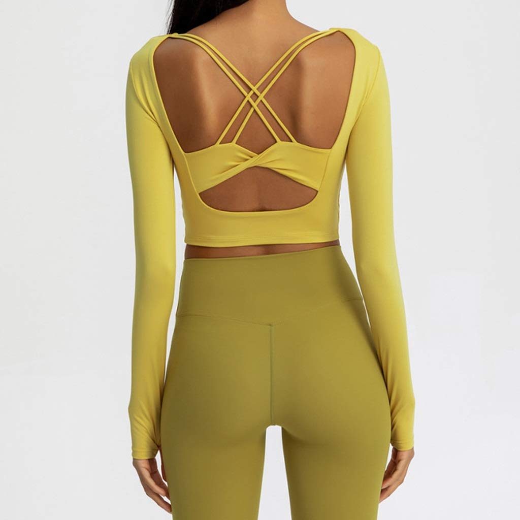 PDGJG Women's Long Sleeve Yoga Top with Thumb Holes - Cross Back Strap Workout Shirt, Padded Sports Bra & Gym Crop Top for Fitness, Running & Yoga (Large) - Perfect for Yoga Studios, Gym Sessions & Outdoor Workouts