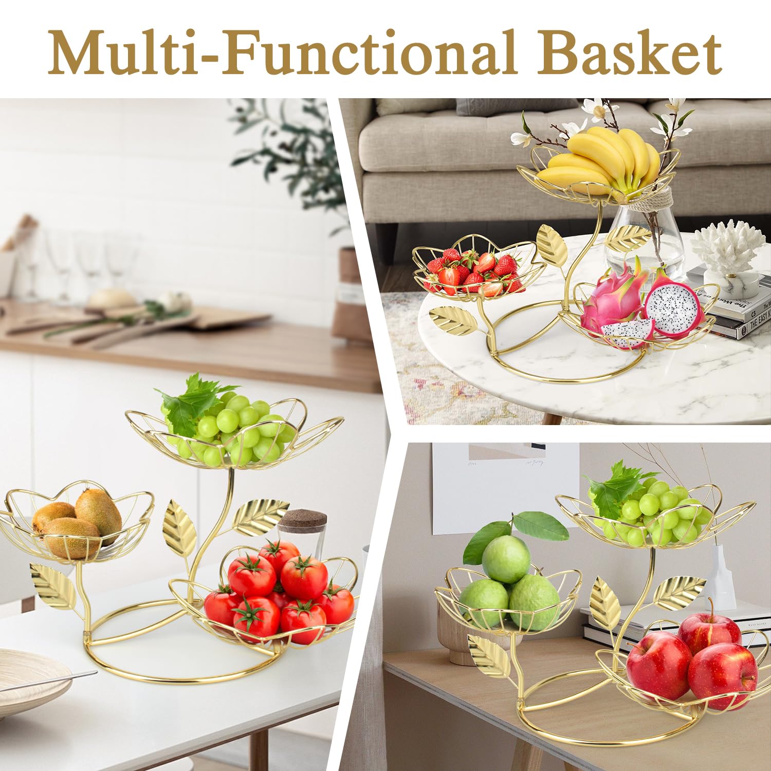3-Tier Rose Gold Fruit Basket - Elegant Kitchen Storage for Fruits & Vegetables | Perfect for Countertop, Dining Table & Pantry Organization