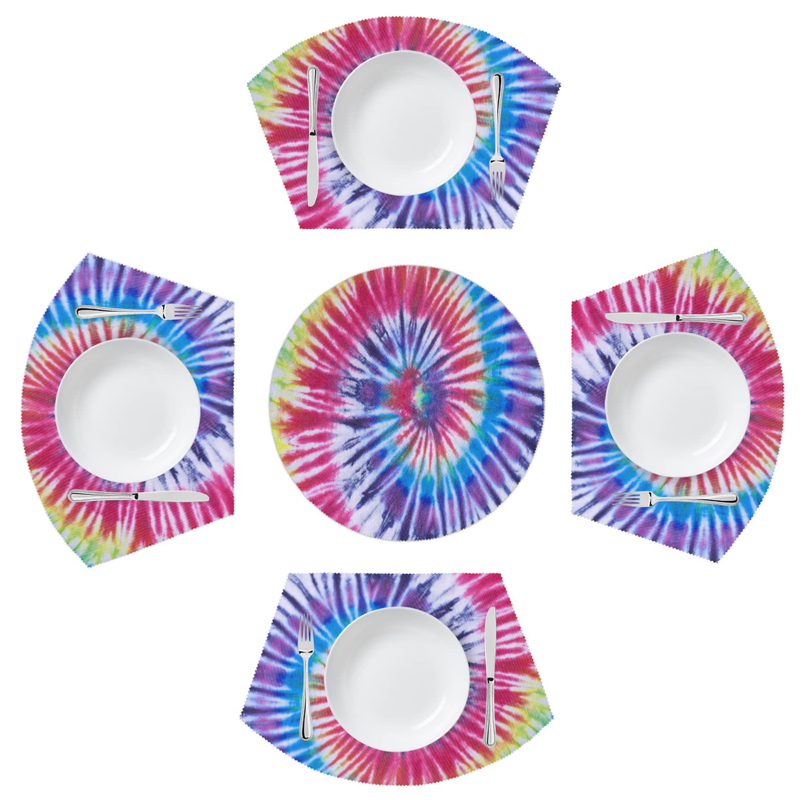 Boho Tie Dye Placemats Set of 5 - Heat Resistant & Non-Slip Round Table Mats with Centerpiece for Dining - Colorful Wedge Design for Indoor & Outdoor Use - Perfect for Parties, Picnics, and Everyday Dining