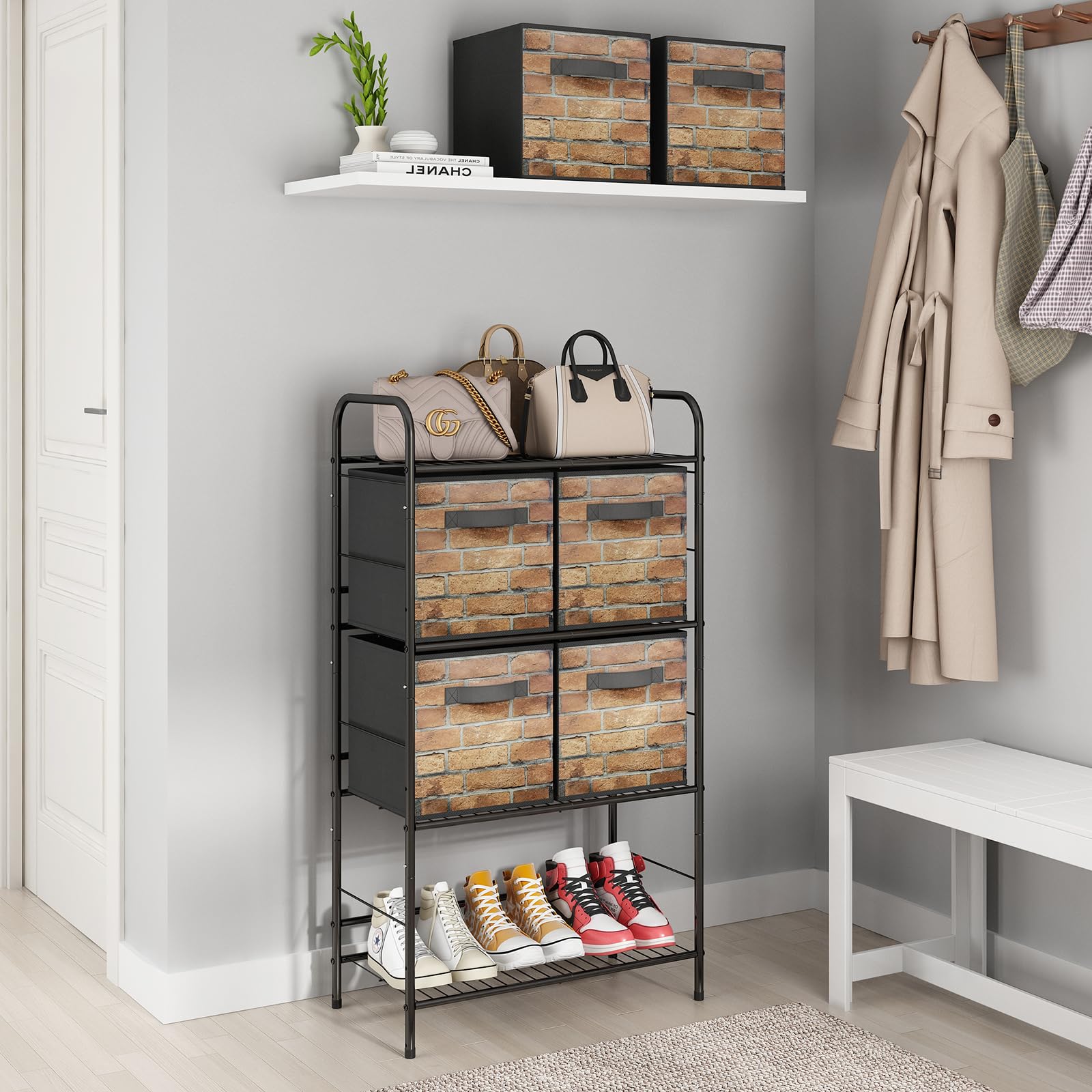 GLLAS 6-Cube Closet Organizer with Handles - Fabric Storage Shelves for Clothes, Shoes & Accessories | Black Brick Pattern | Perfect for Bedroom, Dorm & Closet Organization (Space-Saving Storage Solution)
