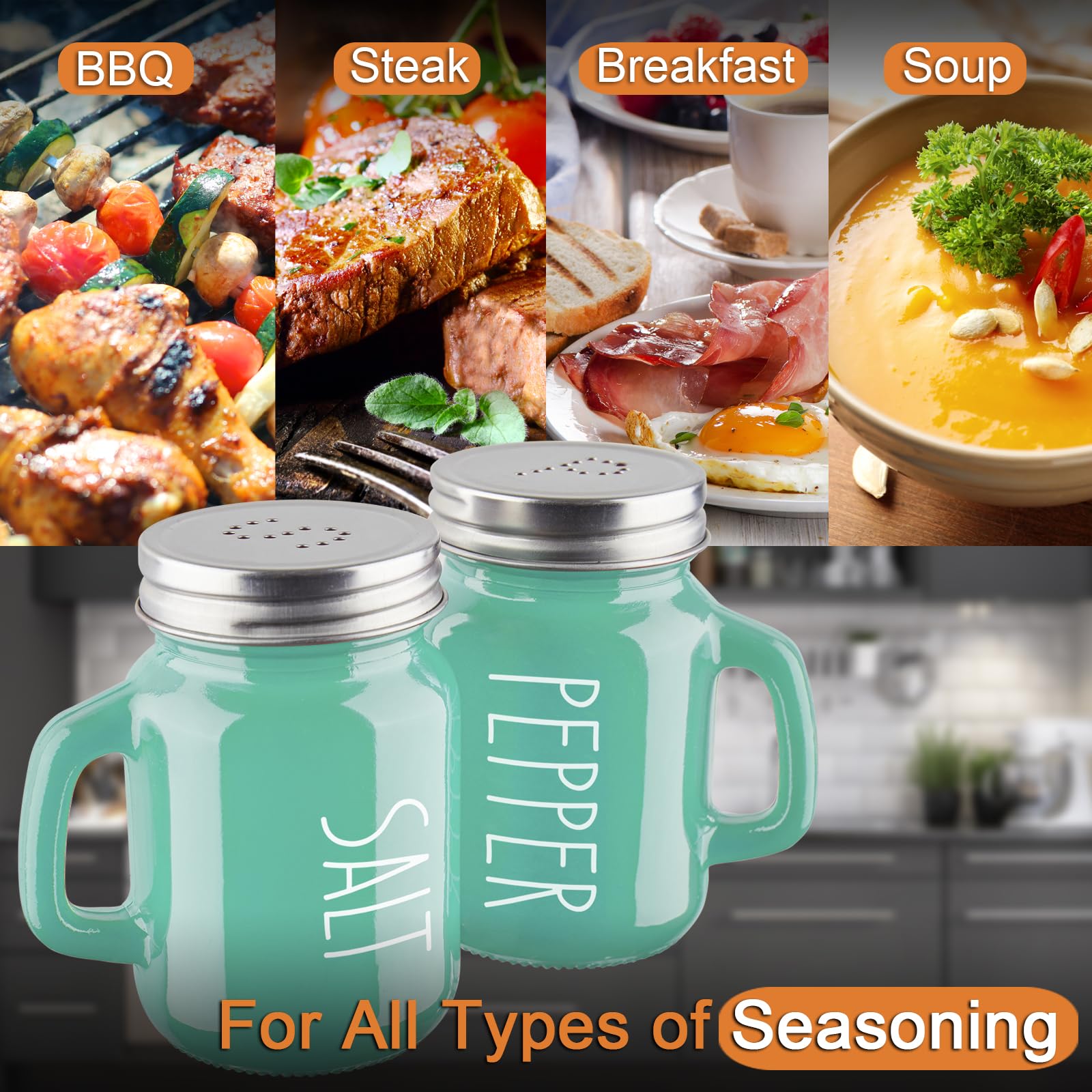 Turquoise Glass Salt and Pepper Shakers Set - Elegant Teal Kitchen Decor for Home, Restaurant & Wedding - Refillable Spice Containers for Dining Table, RV, BBQ - Perfect for Everyday Cooking, Camping & Hosting Guests - Easy to Clean & Use
