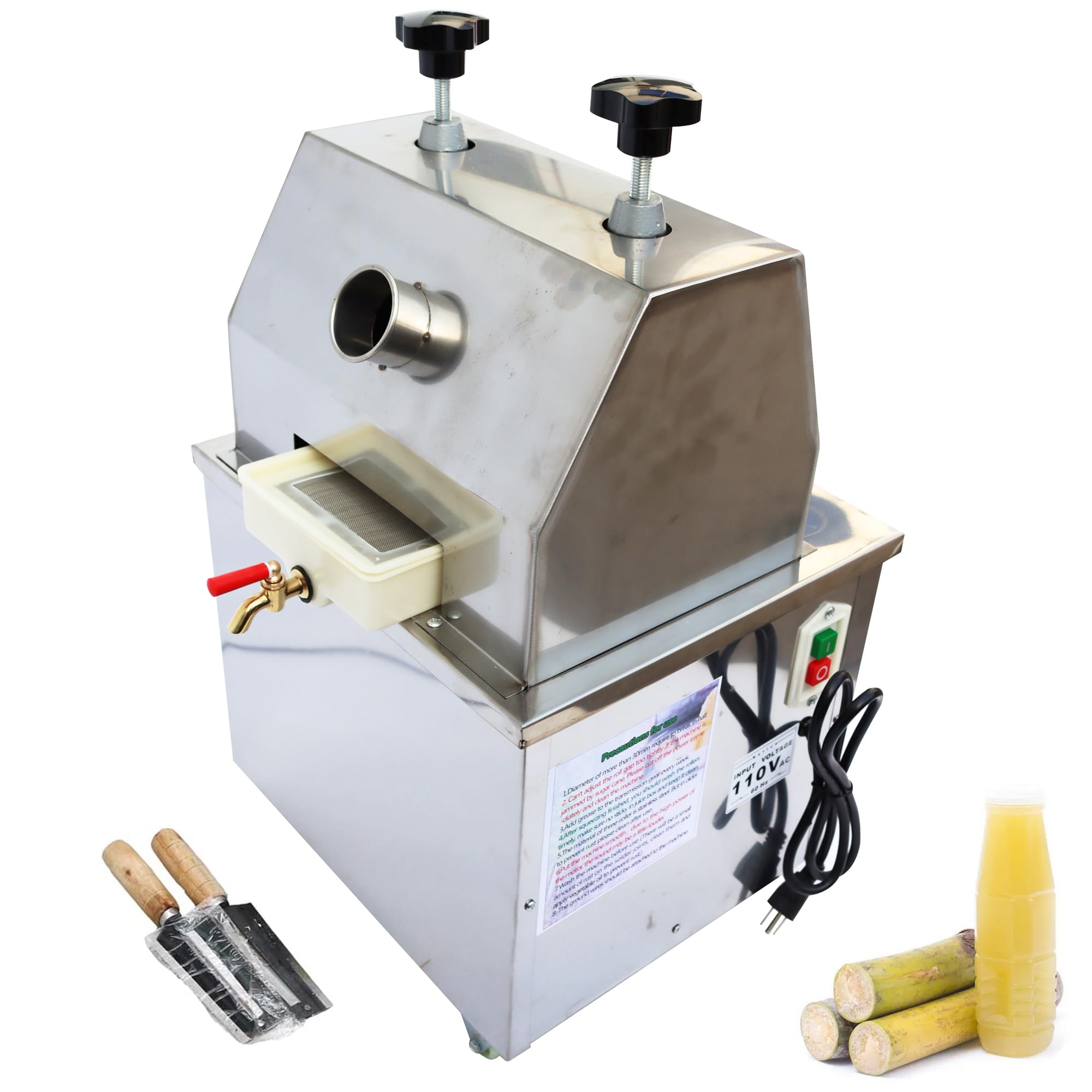 1100W Commercial & Home Electric Sugarcane Juicer Machine - 110V Vertical Press with 3 Stainless Steel Rollers, High-Density Filter & 2 Cane Knives - 660lb/h Output for Juice Bars, Restaurants & Home Use