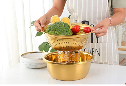 3-Piece Stainless Steel Colander Set - Vegetable Slicer, Potato Peeler, Carrot Grater & Strainer with Round Rice Washer Bowl (Gold) - Perfect for Kitchen Prep, Salad Making & Draining Pasta