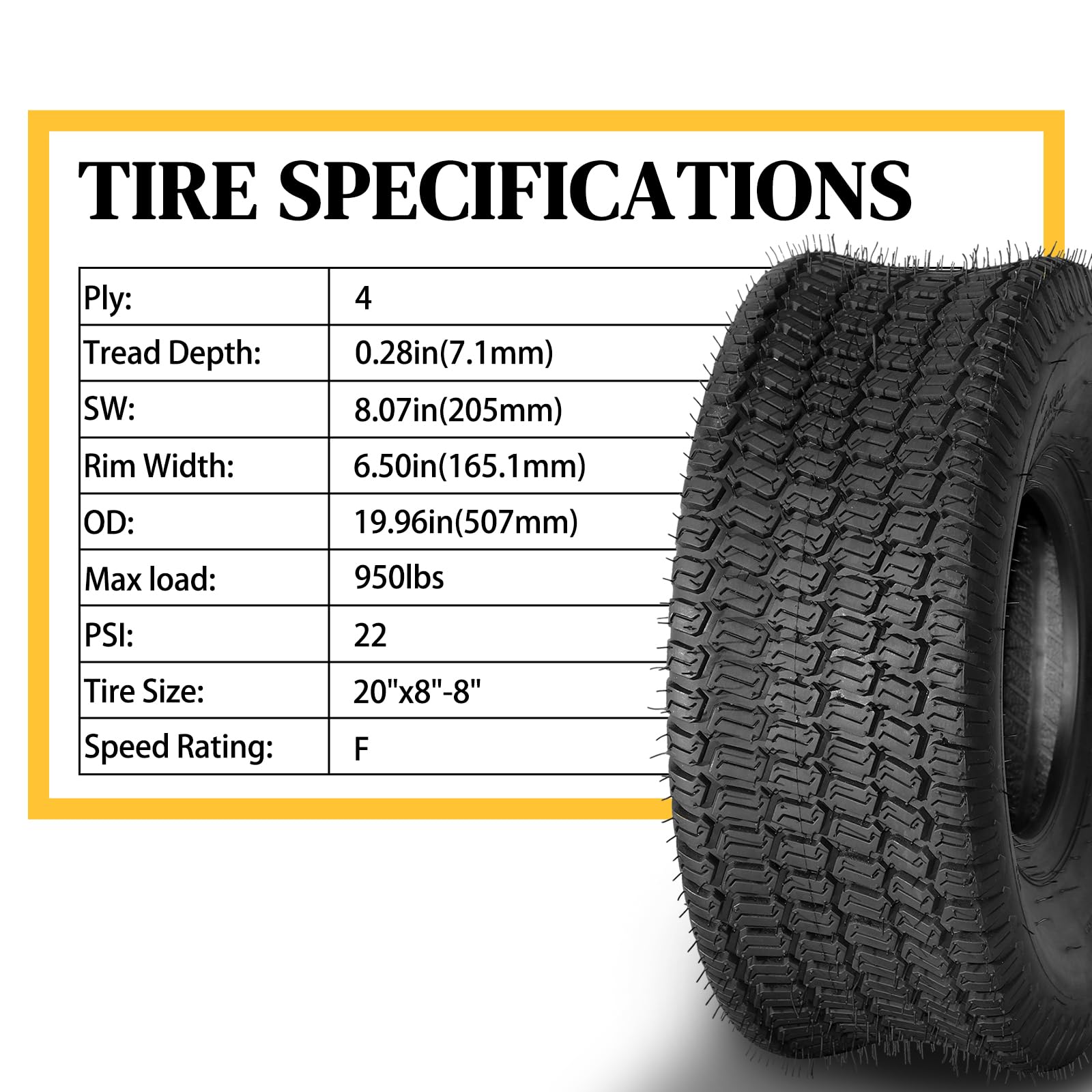 **20x8.00-8 Lawn Mower Tires - 4 Ply Tubeless Garden Tractor Turf Tires (Set of 2) - Perfect for Lawn Care, Landscaping & Outdoor Maintenance**