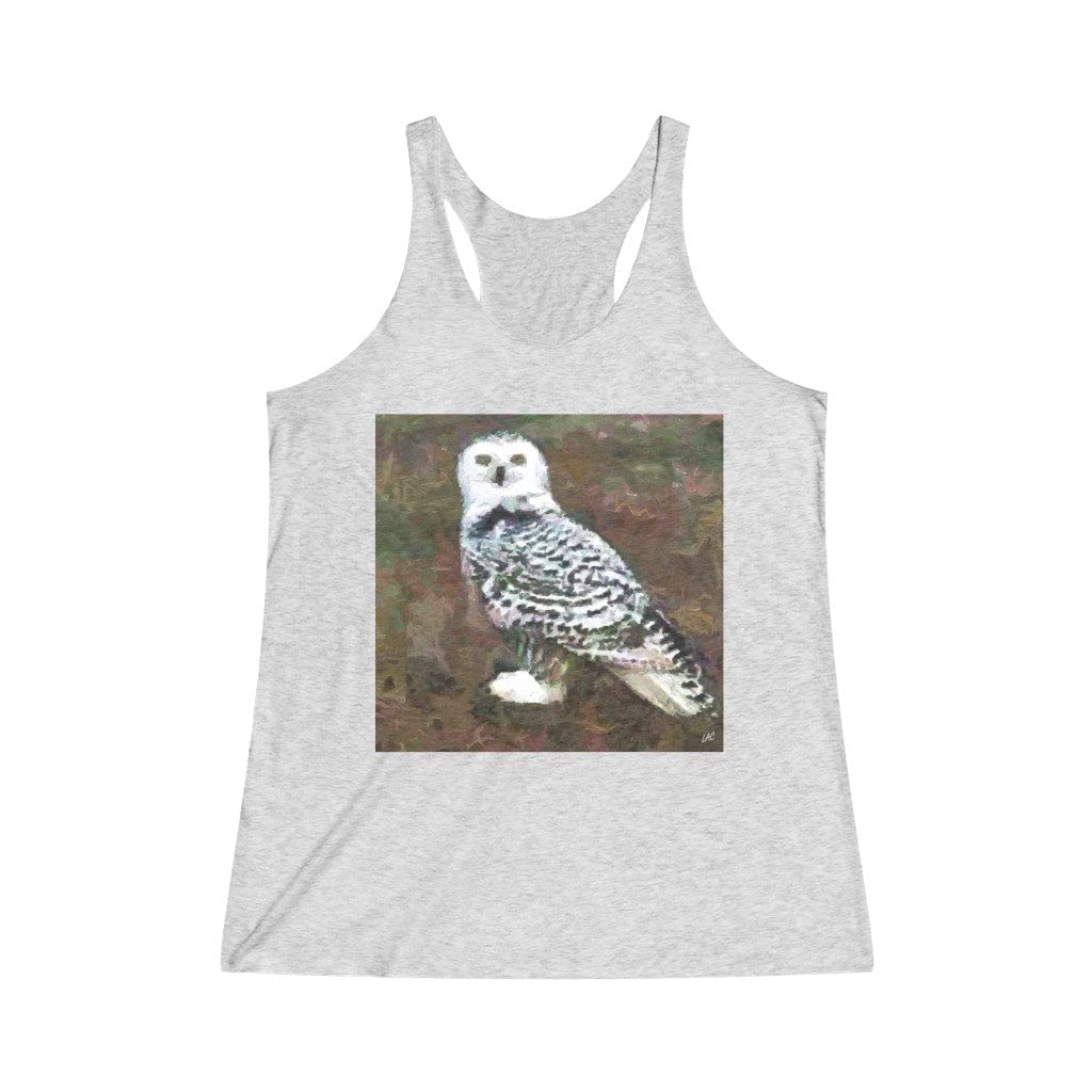 Snowy White Owl Print Women's Tri-Blend Racerback Tank Top by Doggylips™ - Soft Breathable Workout Shirt for Yoga, Running & Casual Wear