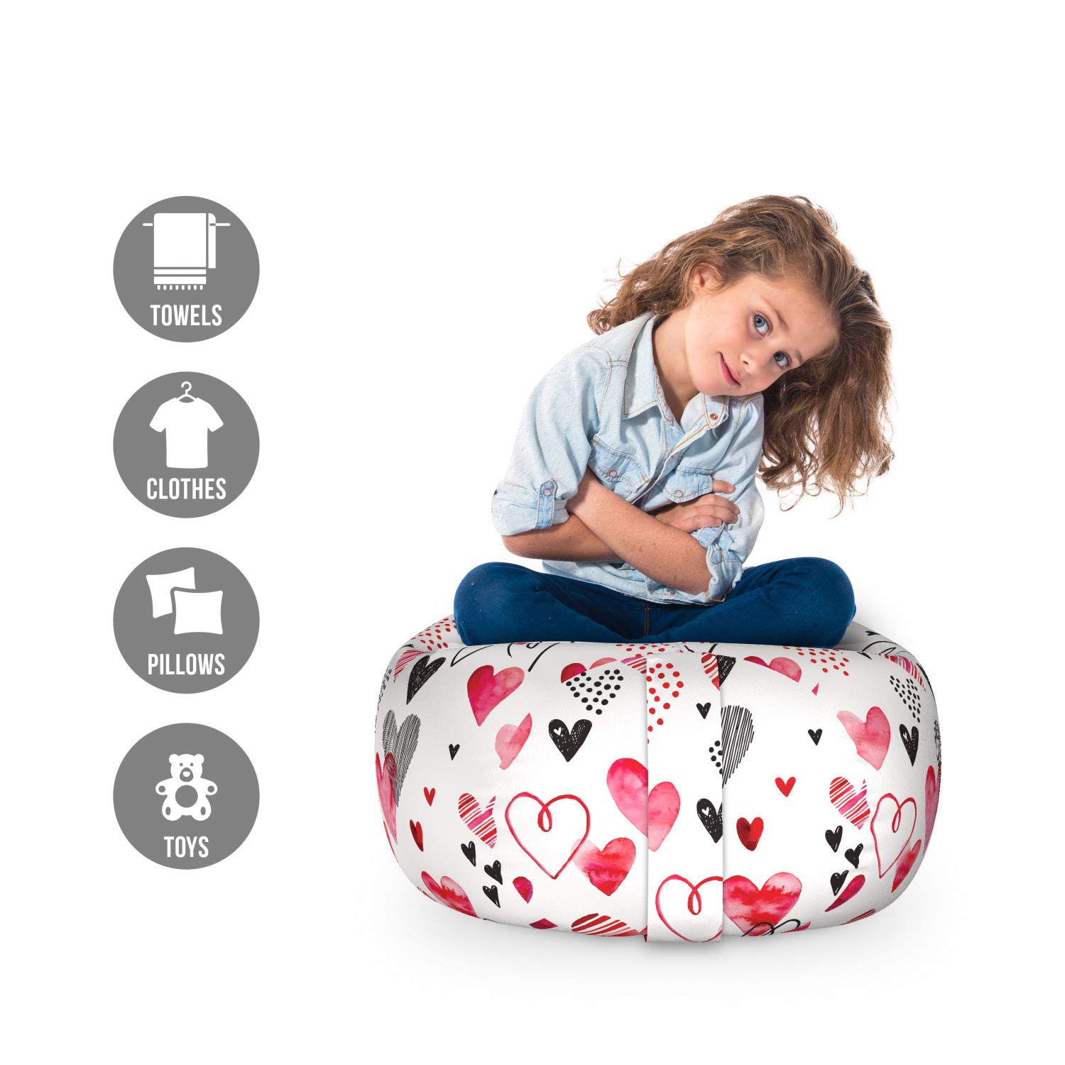 Ambesonne Valentine's Day Heart-Shaped Storage Toy Bag Chair - Watercolor Striped Art with Romantic Love Theme | Washable Stuffed Animal Organizer in Pink, Black & White | Perfect for Kids' Room, Nursery & Playroom Organization