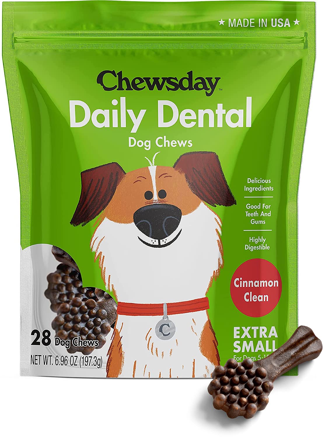 Chewsday Extra-Small Cinnamon Dental Dog Chews - Natural, Highly Digestible Oral Health Treats for Healthy Gums & Teeth (28 Count) | Made in USA | Perfect for Small Breed Daily Teeth Cleaning & Fresh Breath