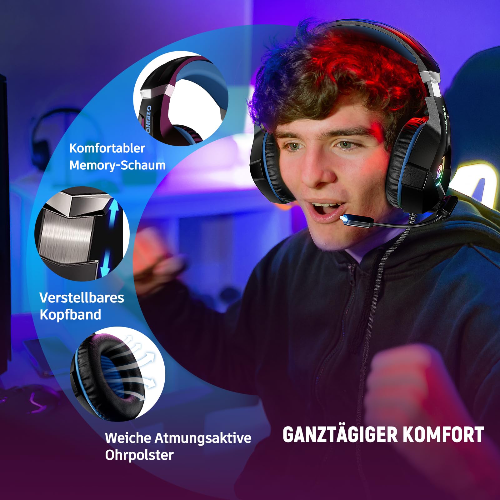 Ozeino Gaming Headset for PS4, PS5, PC - Wired Headphones with Noise Cancelling Mic, 3D Surround Sound & RGB Lights - Perfect for Gaming, Streaming & Online Chat
