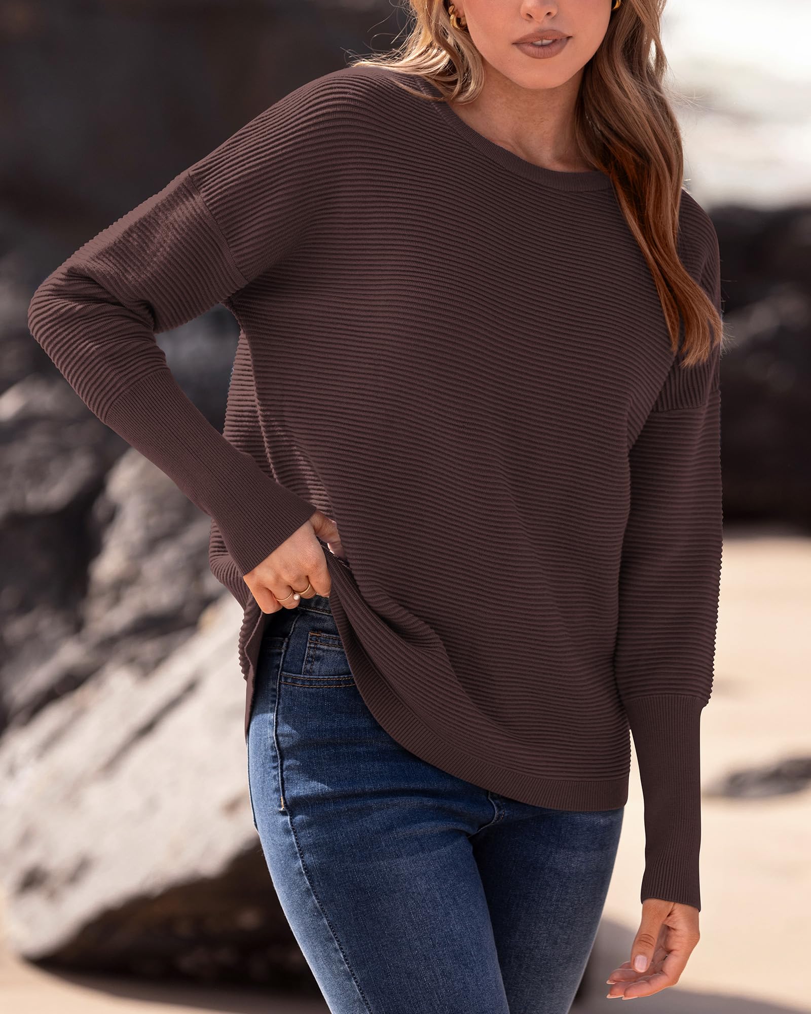 BTFBM Women's Casual Ribbed Knit Pullover Sweater - Long Sleeve Loose Crewneck Batwing Split Top for Fall 2025 | Perfect for Autumn Layering, Office Wear & Weekend Outfits
