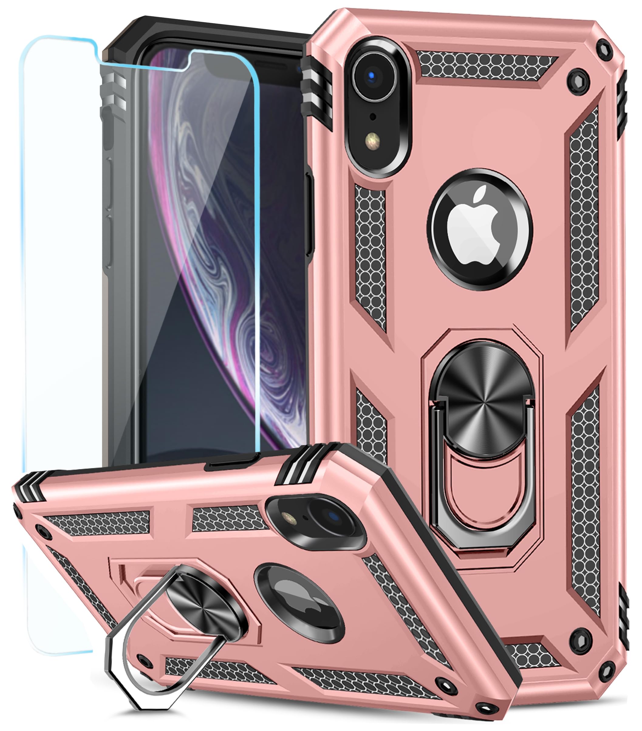 SunStory iPhone XR Case with HD Screen Protector & Magnetic Ring Kickstand - Compatible with iPhone XR 2018 (Rose Gold) - Perfect for Work, Travel, and Everyday Protection