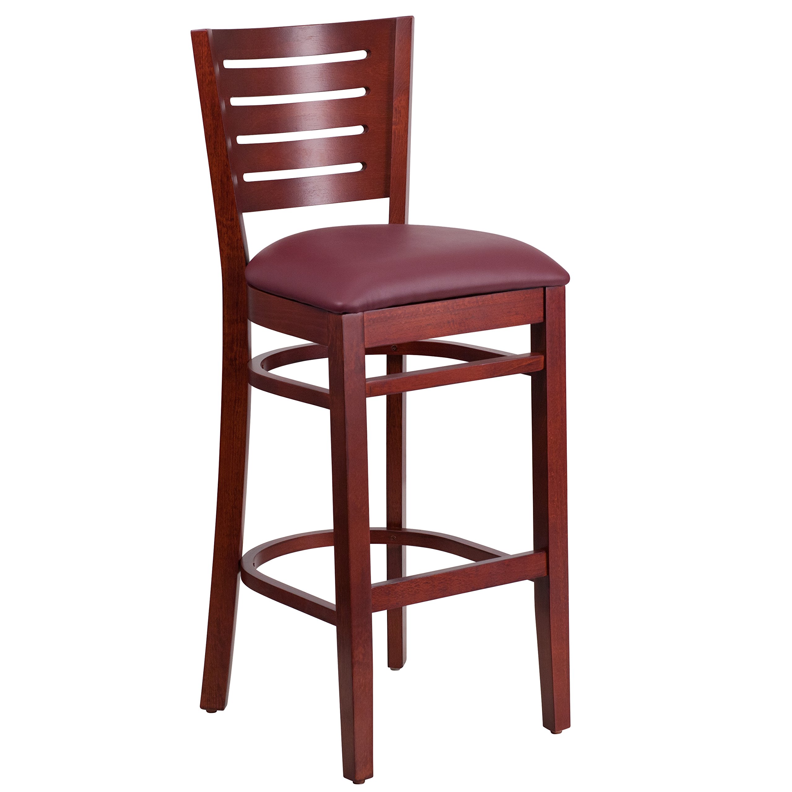 Premium Mahogany Wood Slat Back Bar Stool with Burgundy Vinyl Seat - Perfect for Kitchen Islands, Home Bars & Dining Counter Height Tables