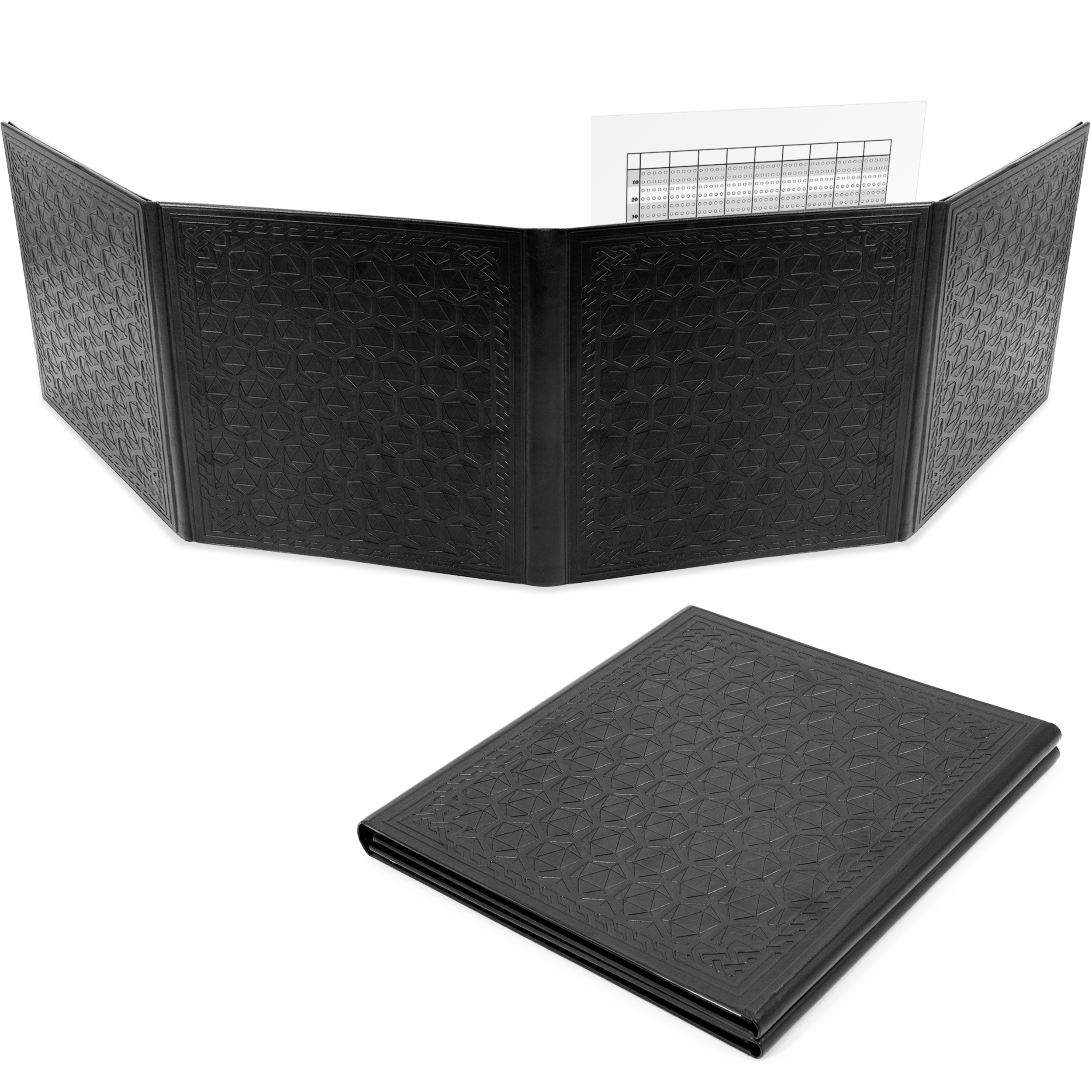 Faux Leather 4-Panel DM Screen with Wet Erase Pockets - Embossed Folding Game Master Screen for Dungeons & Dragons RPG - Black/Brown (Inserts Not Included) - Perfect for Tabletop Gaming Sessions & RPG Campaigns