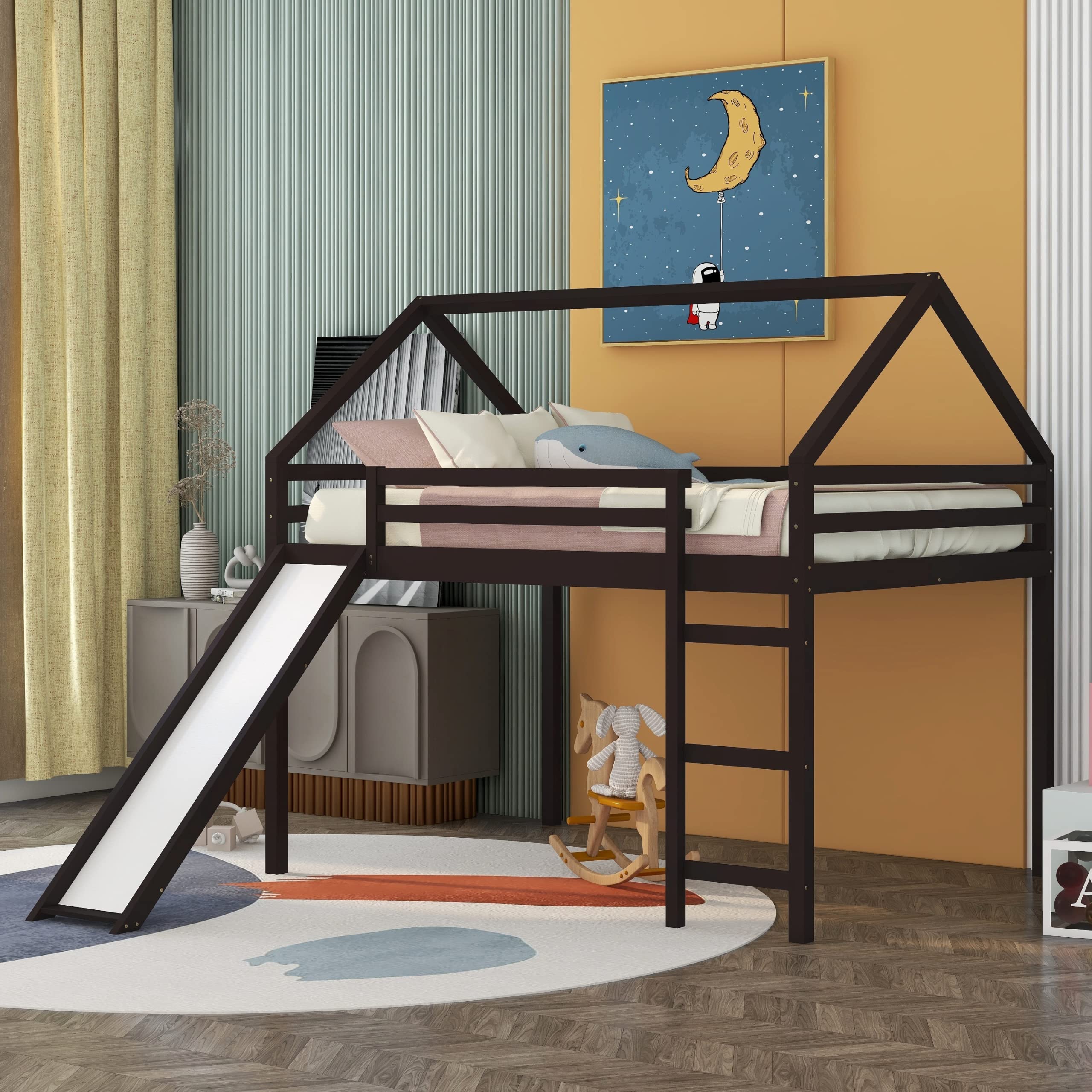 Full Size Loft Bed with Slide - Solid Wood Kids House Bed Frame for Boys & Girls in Espresso - Perfect for Small Rooms, Play Areas & Kids' Bedrooms
