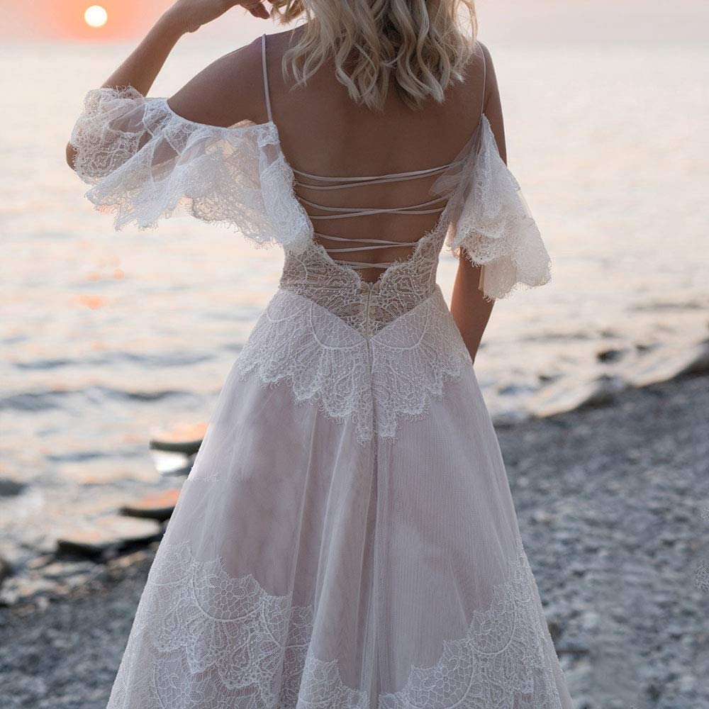 Elegant Boho Lace Wedding Dress with V-Neck & Ruffle Sleeves - Perfect for Beach, Outdoor & Destination Weddings | Women's Romantic Evening Gowns