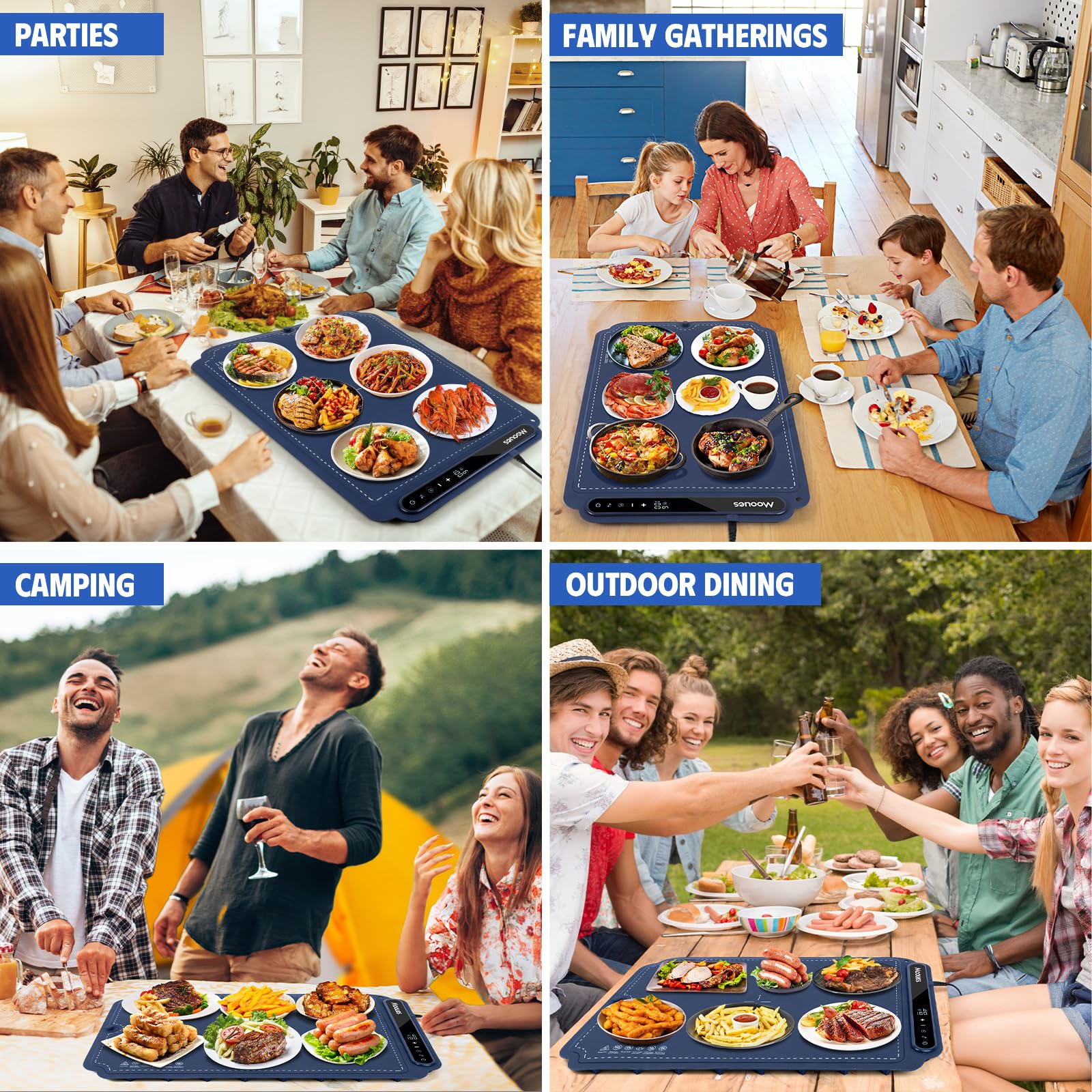 Electric Warming Tray - Portable Silicone Food Warmer Mat with 7 Temperature Levels & 6H Timer | Full Surface Heating for Home, Parties, Buffets | Perfect for Keeping Meals Warm at Dinner & Events (Blue)