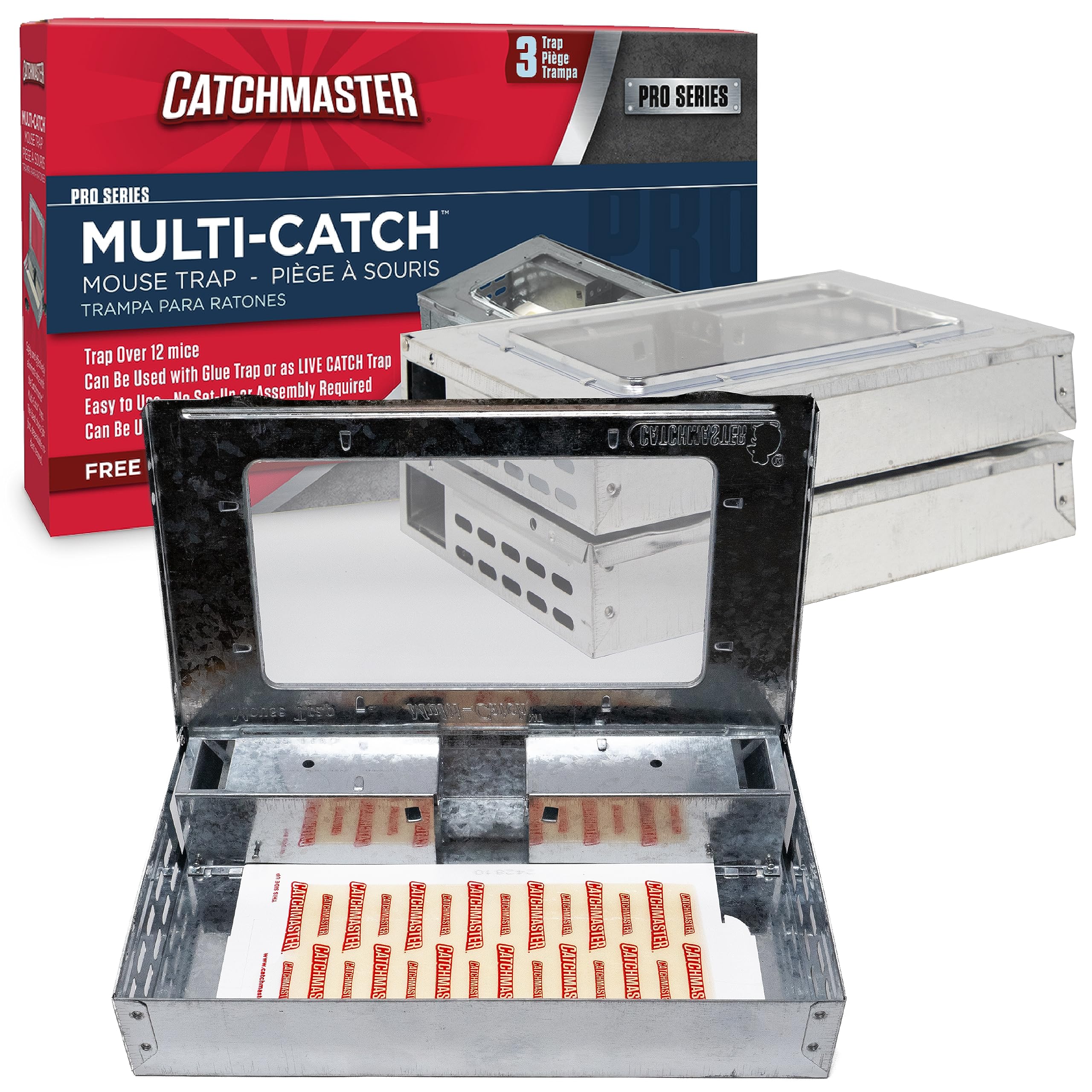 **Catchmaster Pro Series Multi-Catch Mouse Trap 3-Pack – Humane Indoor & Outdoor Mouse & Rat Traps with Replaceable Glue Boards – Pet Safe Pest Control for Home, Garage, Shed & Basement – Live Catch & No-Kill Solution for Rodent Problems**    *(Use Cases: Ideal for homes, garages, sheds, basements, and outdoor areas to safely catch mice and rats without harming pets or children.)*