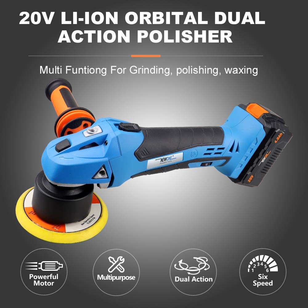 NEWONE 20V Cordless Dual Action Polisher - 5-Inch Round Orbital Buffer with 6 Speed Settings, Anti-Vibration Handle & 4.0Ah Battery - Perfect for Car Detailing, Sanding, Polishing and Waxing - Includes Fast Charger for Professional Auto Body & DIY Home Use