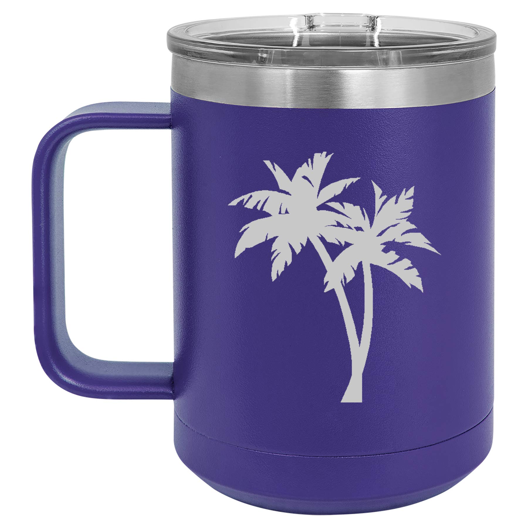 15 oz Vacuum Insulated Stainless Steel Tumbler with Handle & Lid - Leakproof Travel Coffee Mug, Hot & Cold Drink Cup with Palm Tree Design (Purple) - Perfect for Office, Commute, Camping & Outdoor Activities