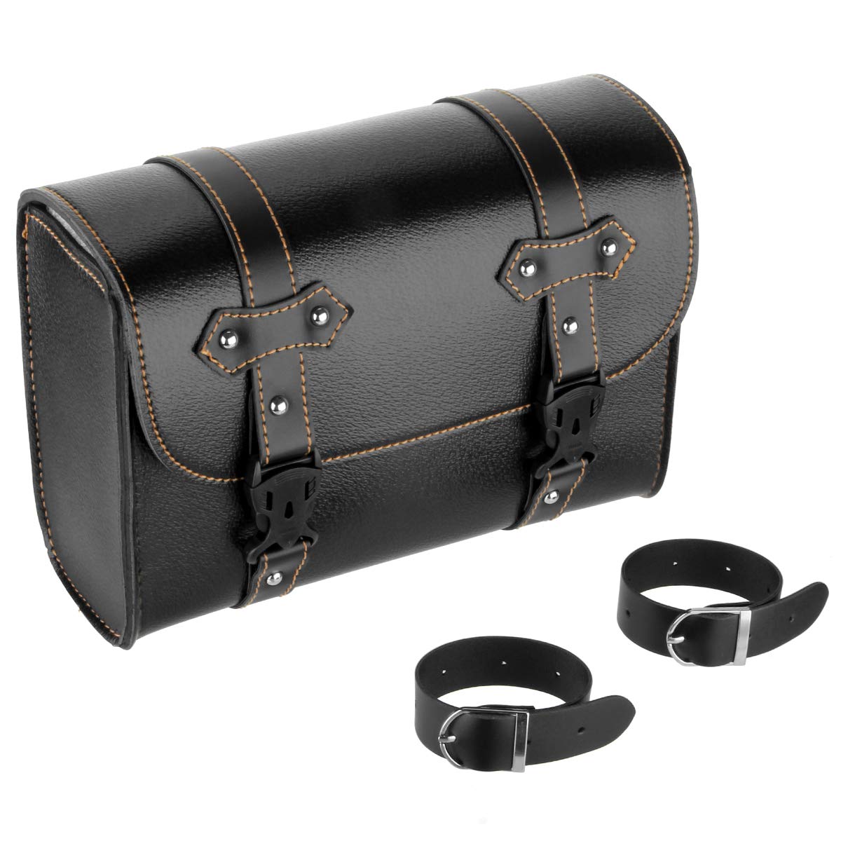Universal PU Leather Motorcycle Tool Bag - Waterproof Fork Bag & Sissy Bar Storage for Honda, Kawasaki, Suzuki, Yamaha, Sportster - Large Black Handlebar Saddlebag for Road Trips & Daily Commuting