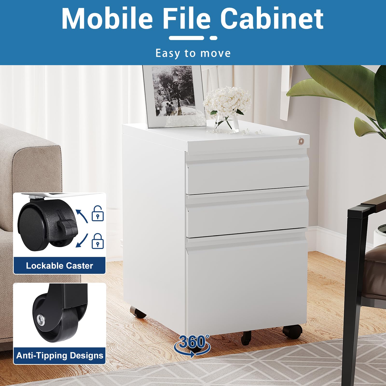 3-Drawer Rolling File Cabinet with Lock - White Metal Vertical Mobile Filing Cabinet for Legal/Letter/A4 Documents - Home Office Storage Solution for Desk Organization & Document Security