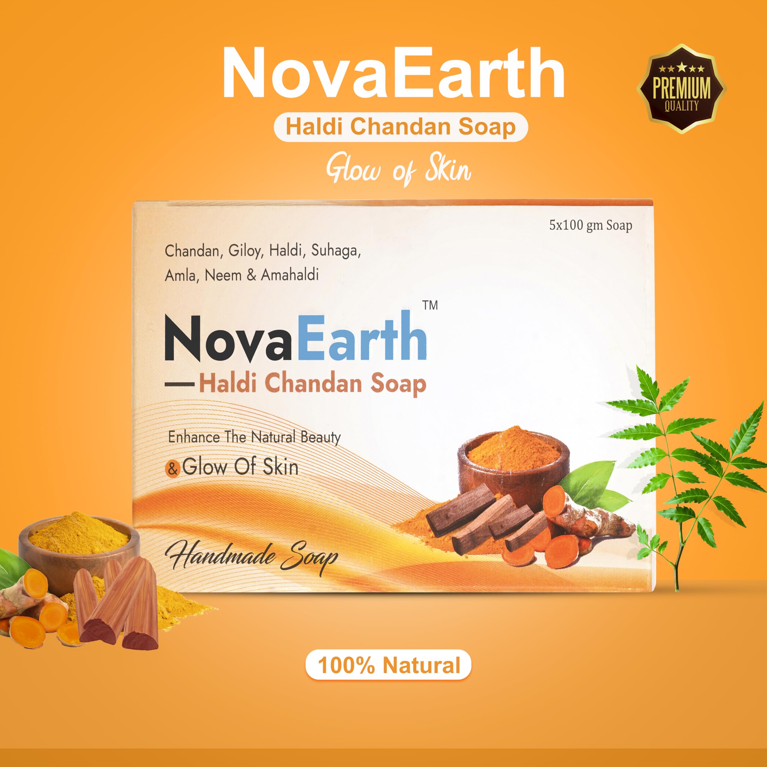 NovaEarth Haldi Chandan Ayurvedic Bathing Soap - Glycerin Base with Giloy, Suhaga, Amla, Neem & Amahaldi | Handmade Herbal Soap for All Skin Types | Anti-Aging, Moisturizing & Cleansing | 5-Pack (100g Each, Total 500g) | Perfect for Daily Skincare & Ayurvedic Wellness Routine