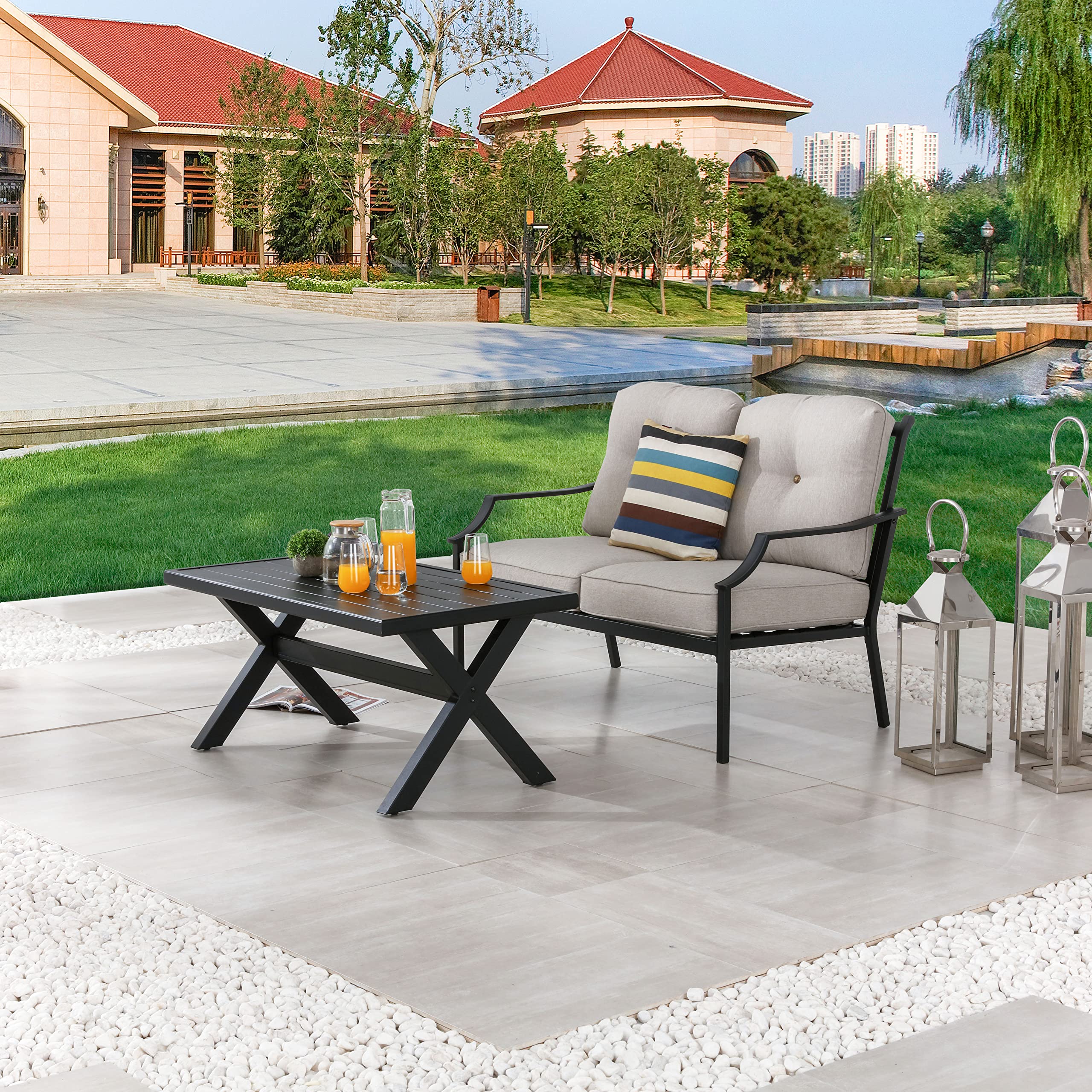 LOKATSE HOME 2-Piece Outdoor Patio Loveseat Set with Cushions & Steel Coffee Table - Beige - Perfect for Garden, Backyard, and Poolside Relaxation