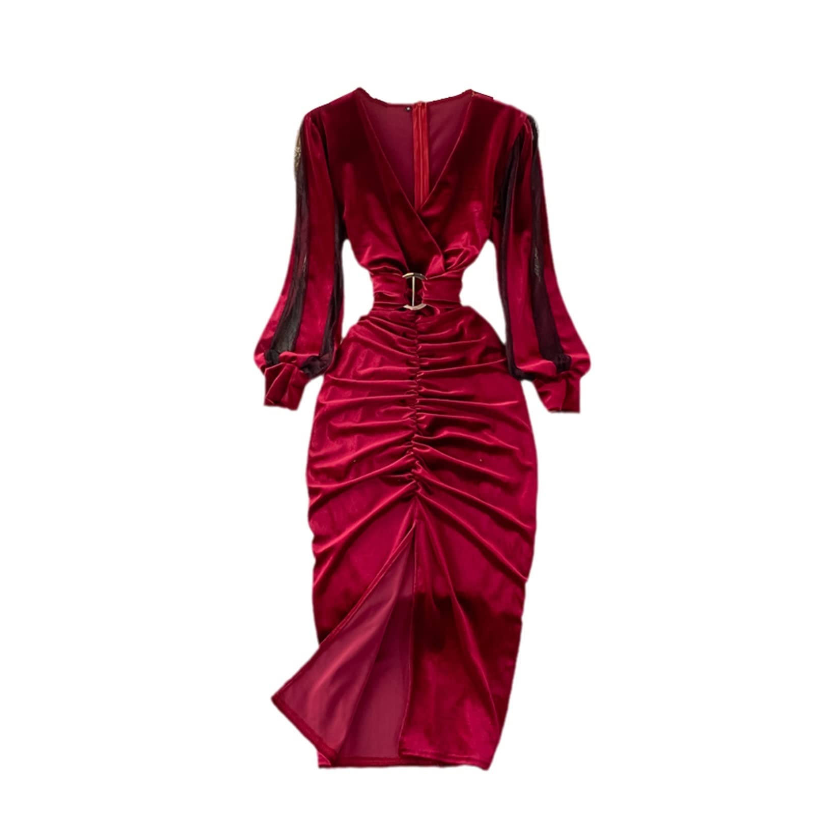 SKREOJF Women's V-Neck Long Sleeve Velvet Dress with Drawstring Waist & Pleated Mesh Split - Elegant Plus Size Robe for Evening Party, Date Night & Special Occasions (Red, Size M)