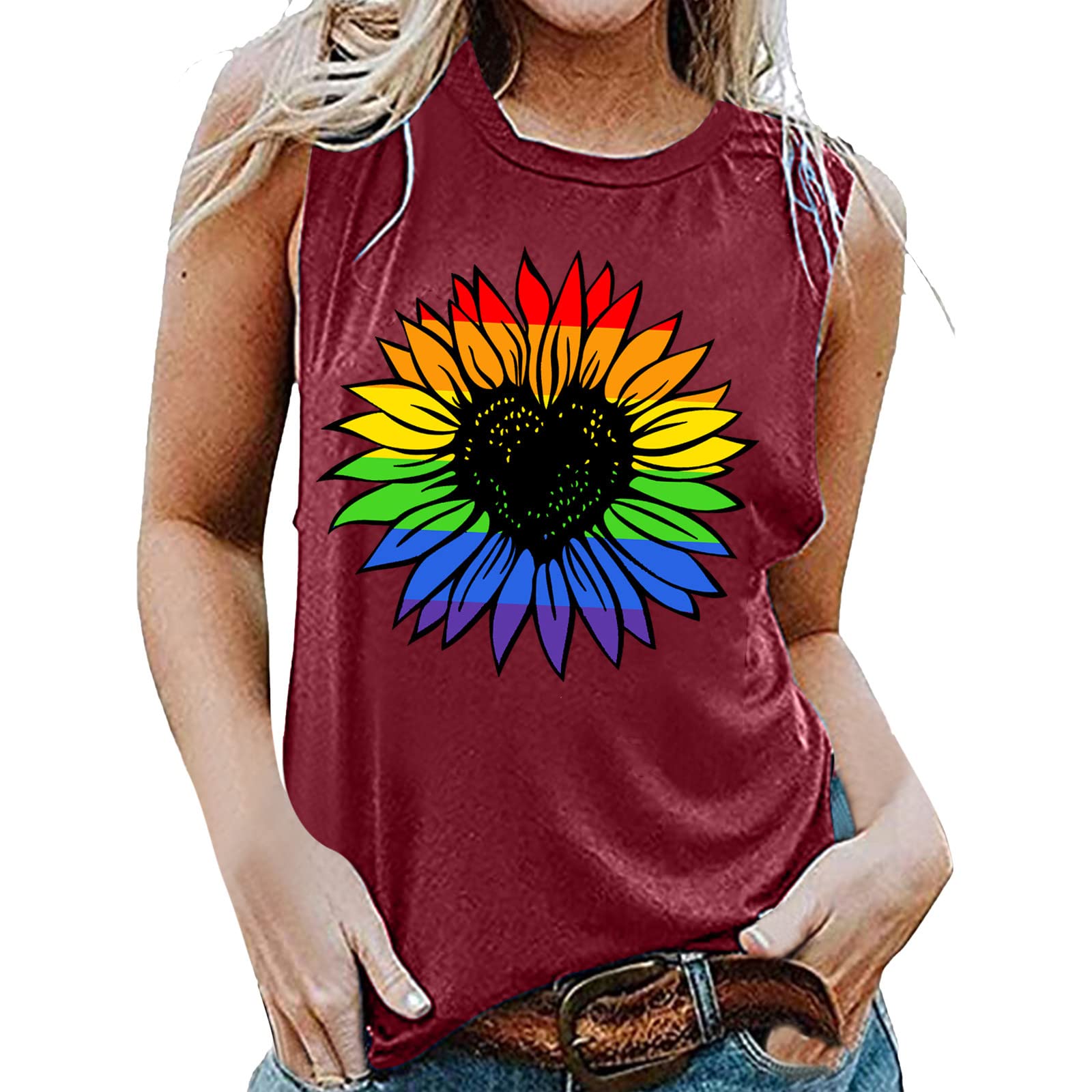 Women's Sleeveless Round Neck Printed Tank Top - Casual Summer Blouse for Independence Day & Outdoor Activities (Wine, S) | Perfect for Beach, Gym, and Everyday Wear